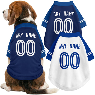 Dog wearing custom baseball-style jersey in Royal and White colors with personalized name and number