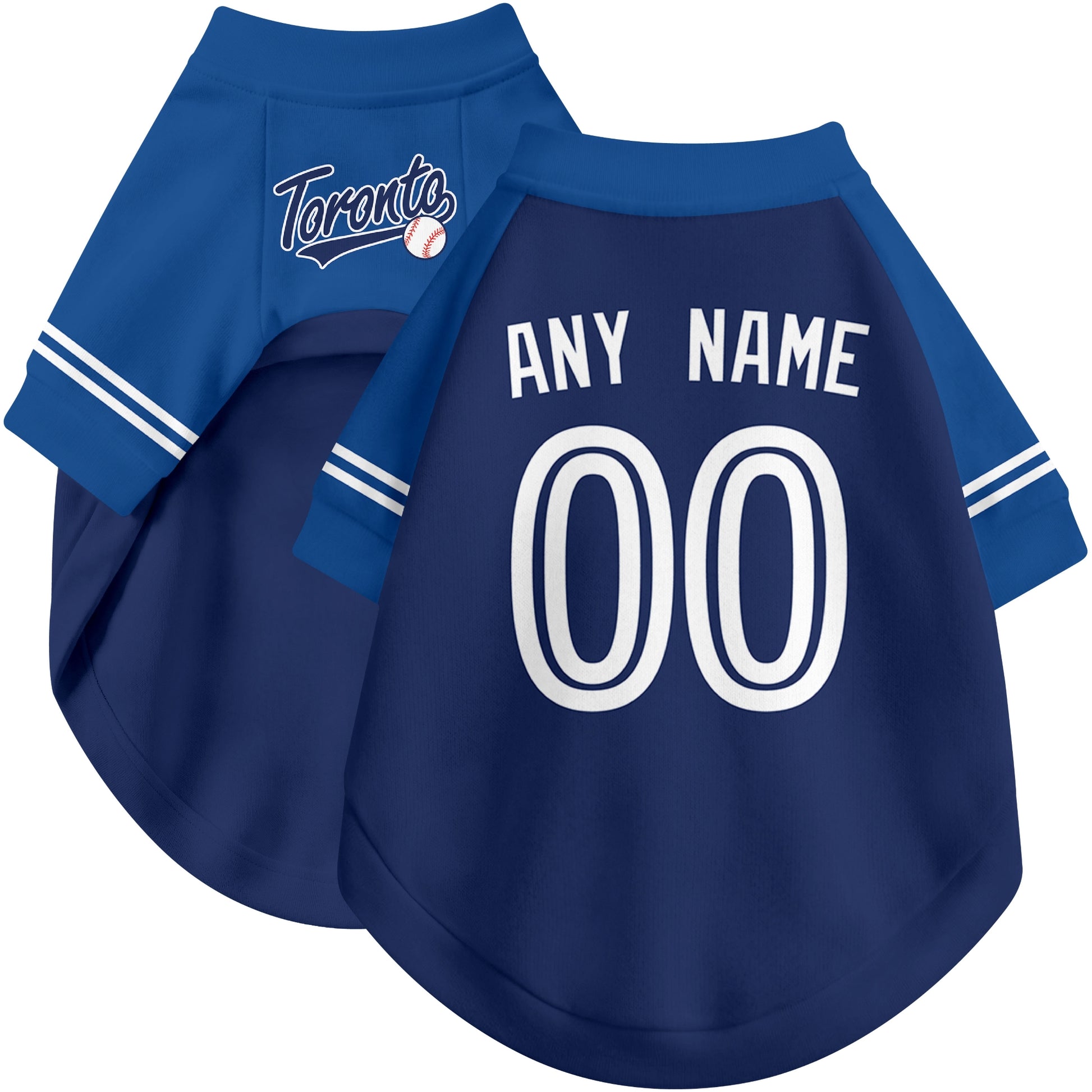 Custom baseball-style dog jersey color option 1 in Royal and White