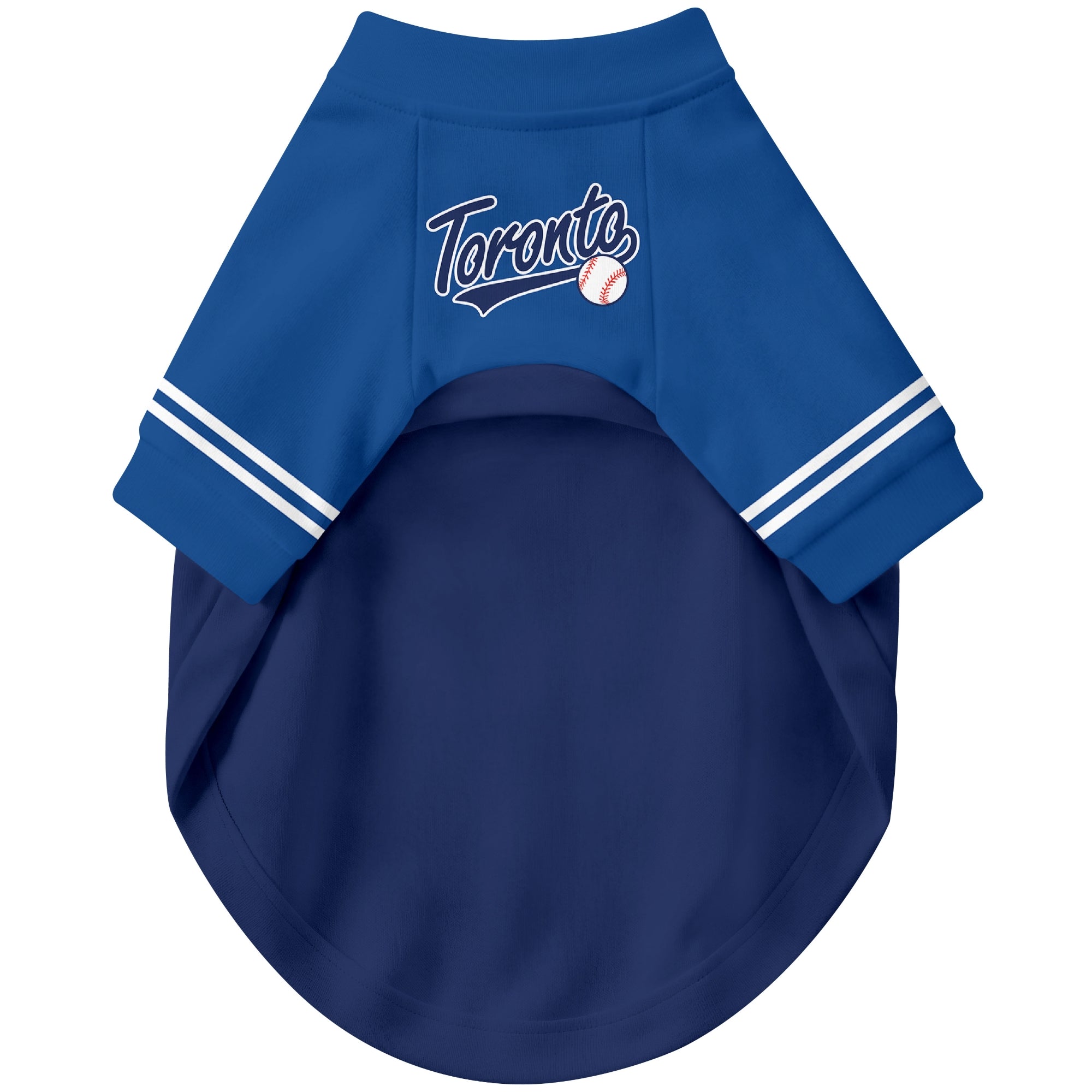 Front view of custom baseball-style dog jersey in Royal and White colors