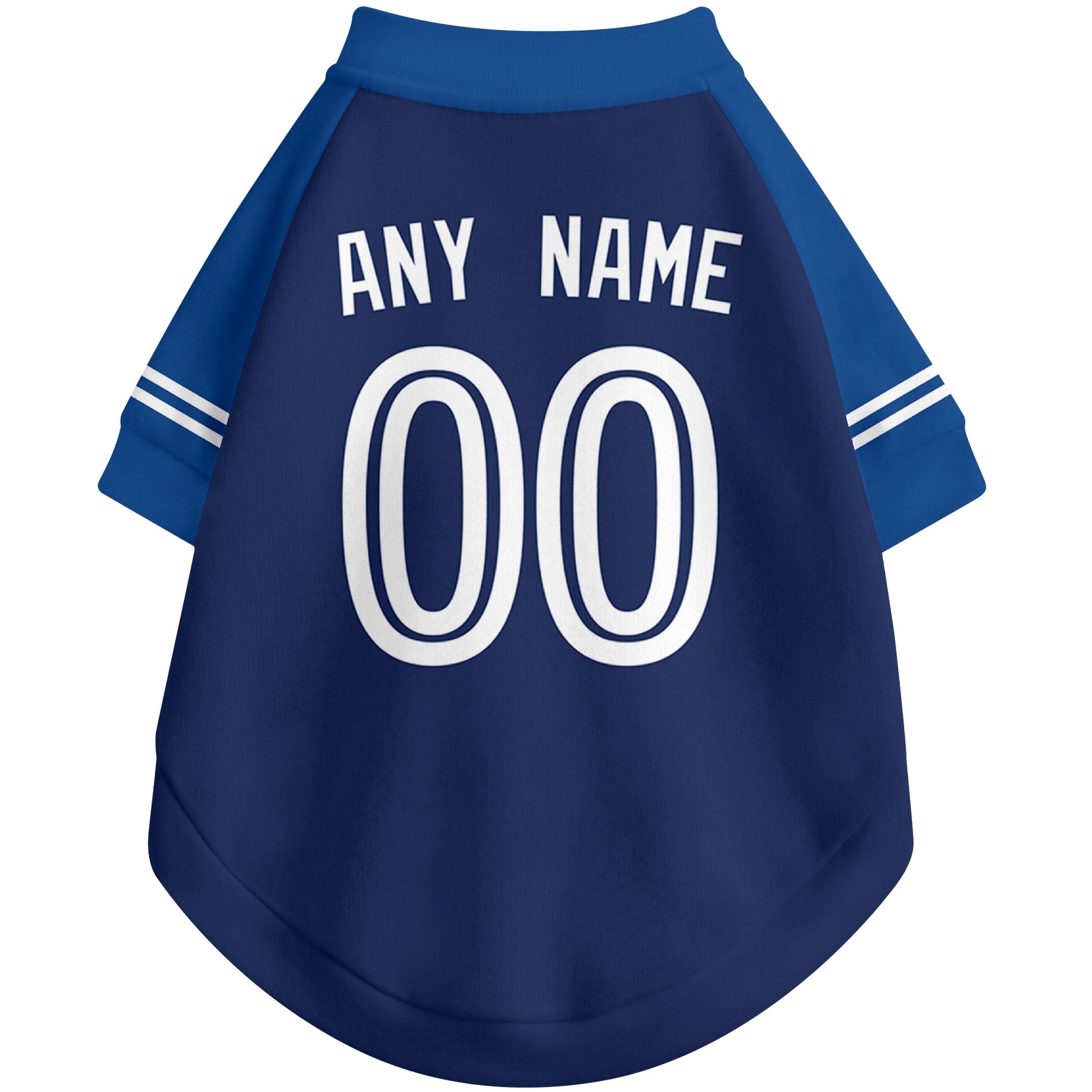 Back view of custom baseball-style dog jersey in Royal and White colors with personalized name and number