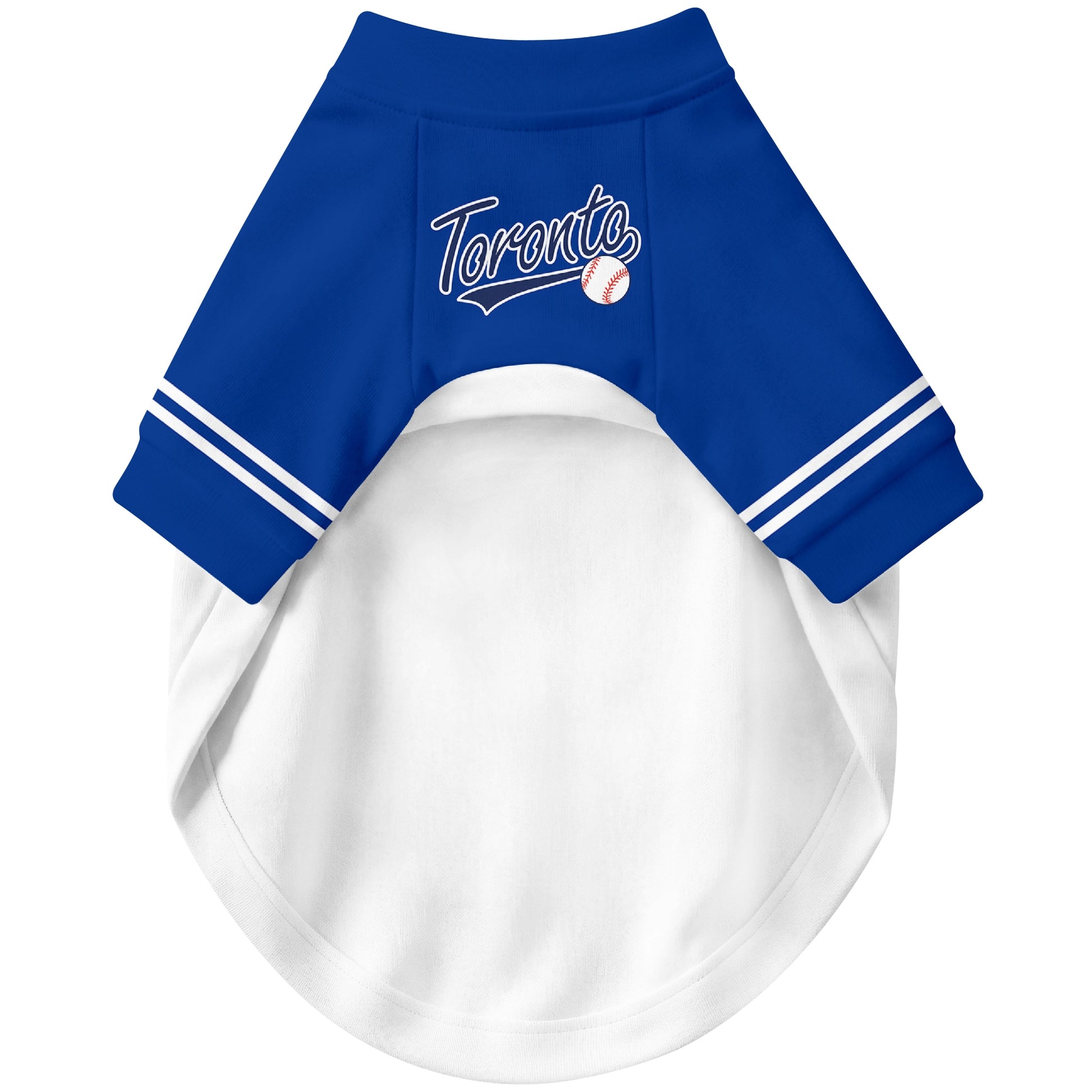 Front view of custom baseball-style dog jersey in White and Royal colors