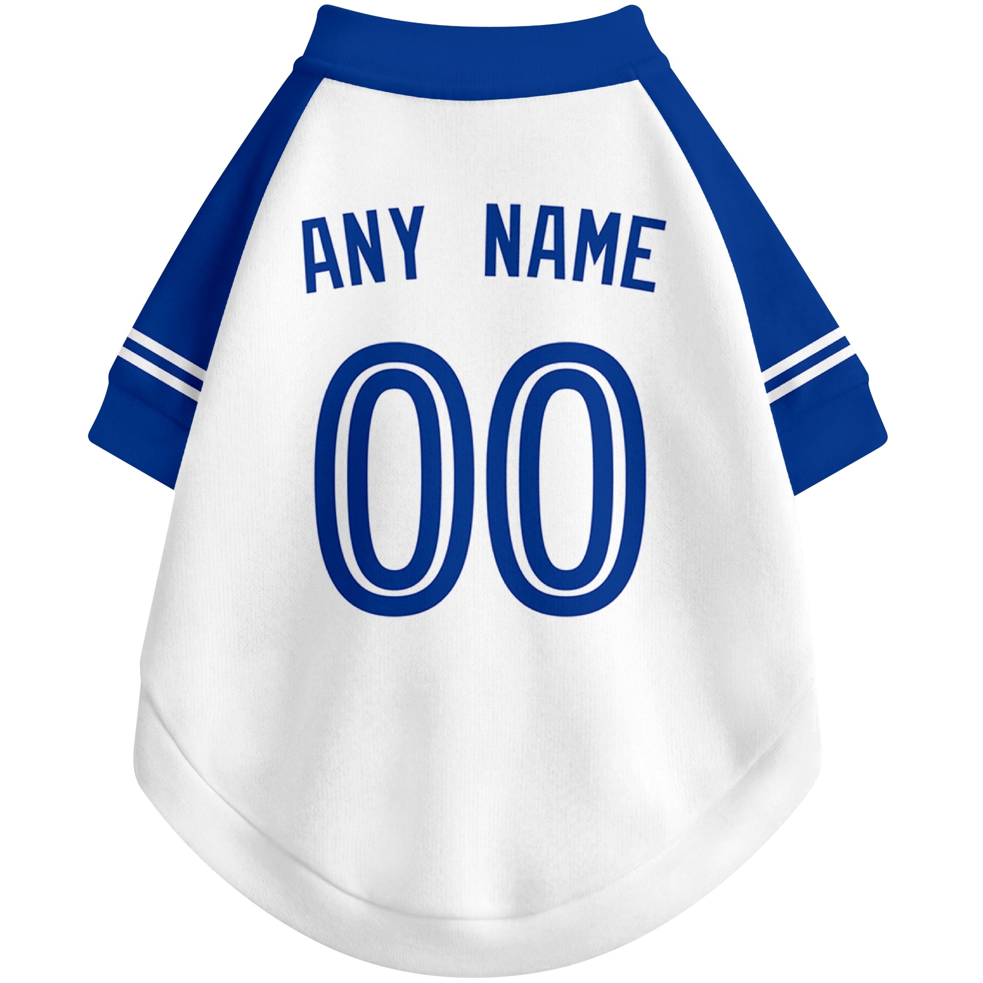 Back view of custom baseball-style dog jersey in White and Royal colors with personalized name and number