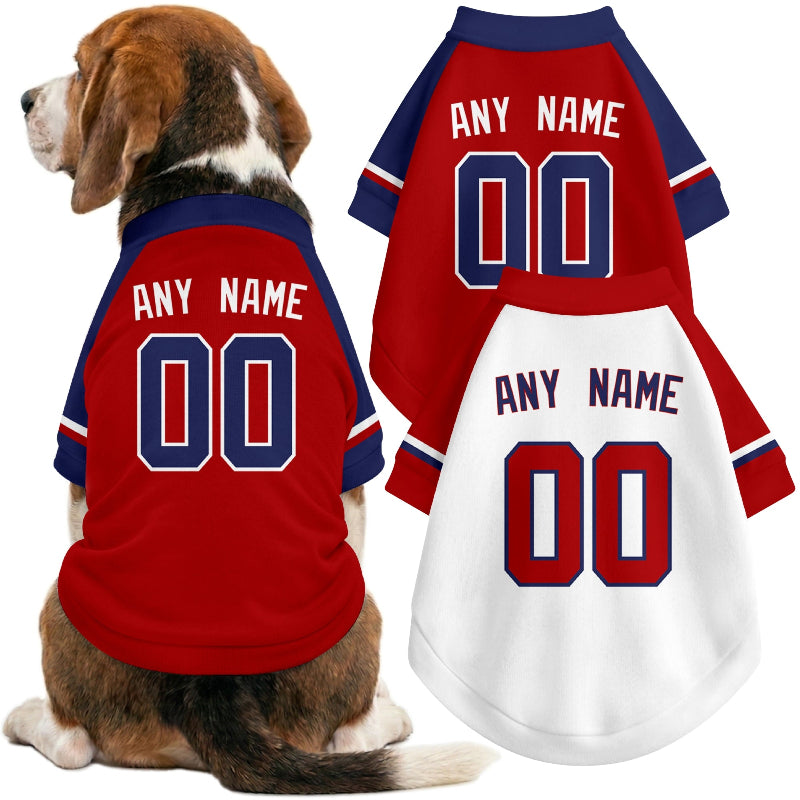 Dog wearing custom baseball-style jersey in Red and White colors with personalized name and number