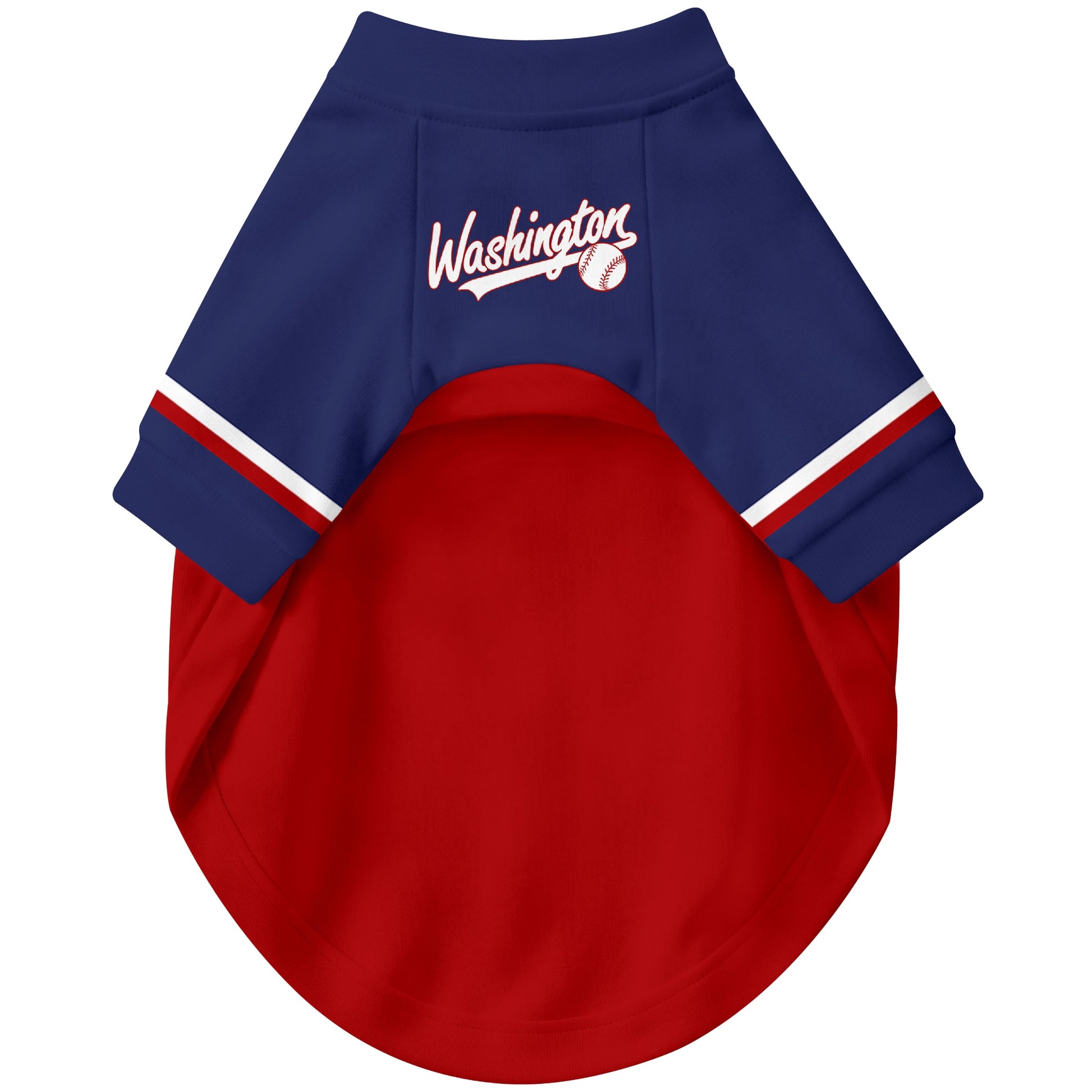 Front view of custom baseball-style dog jersey in Red and White colors
