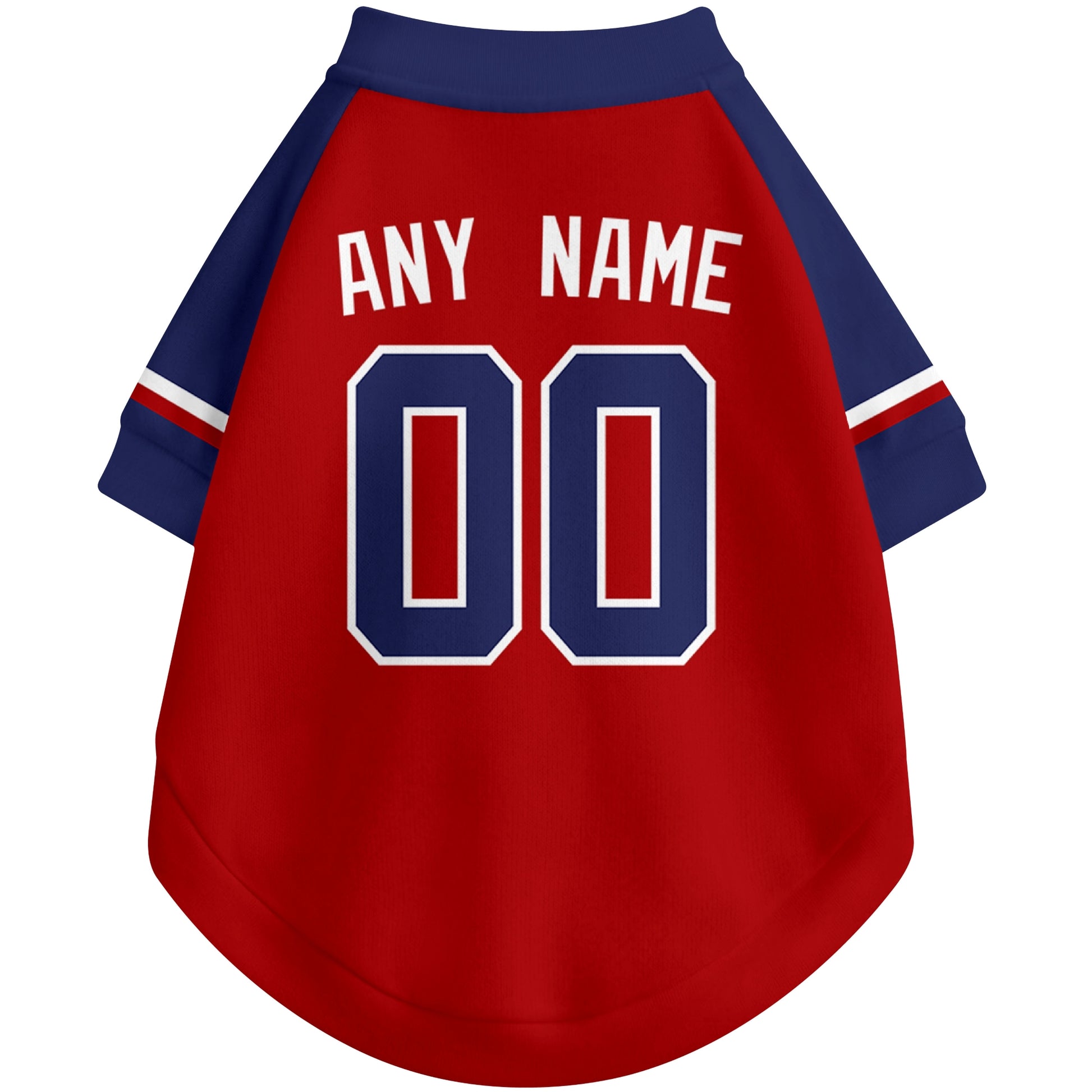 Back view of custom baseball-style dog jersey in Red and White colors with personalized name and number