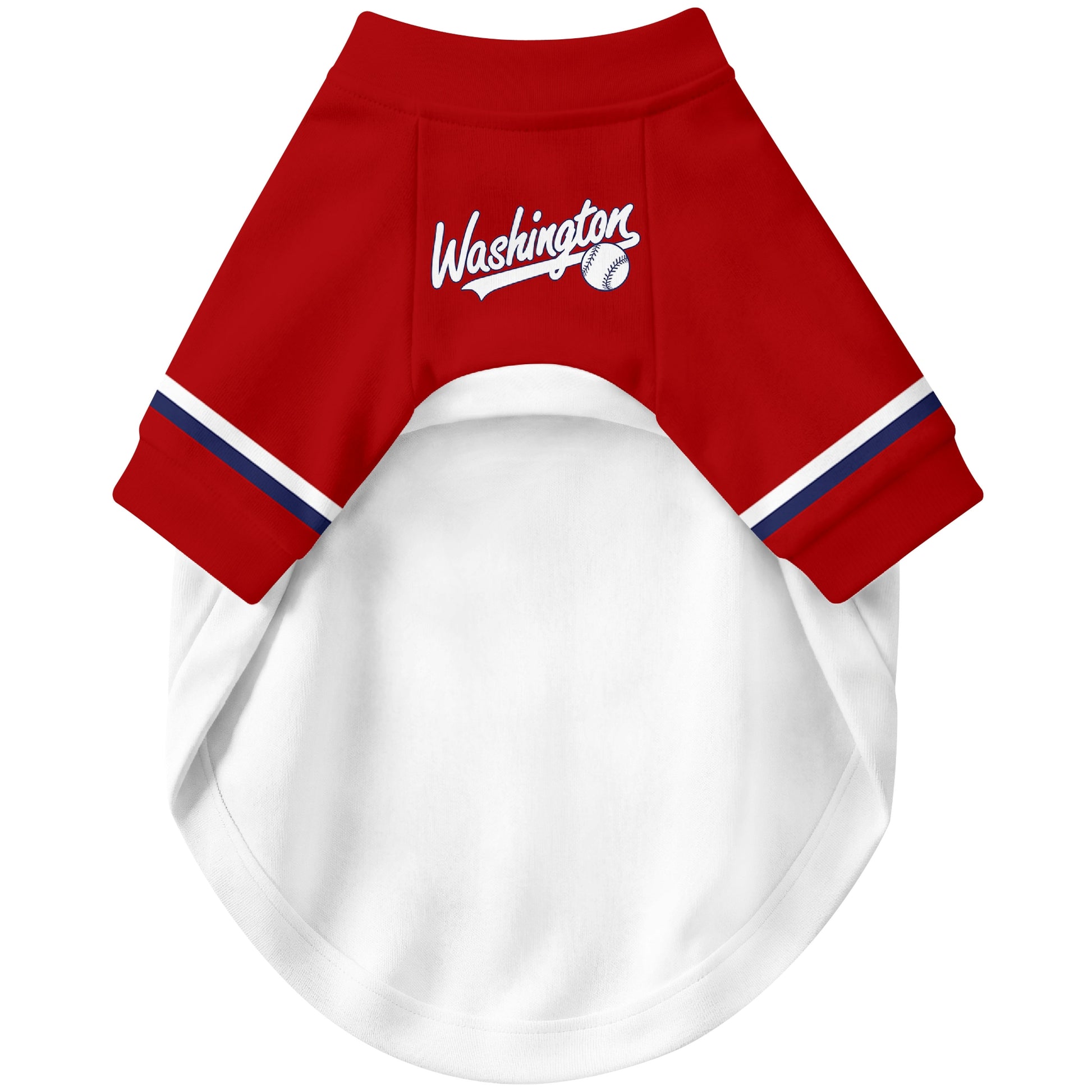 Front view of custom baseball-style dog jersey in White and Red colors
