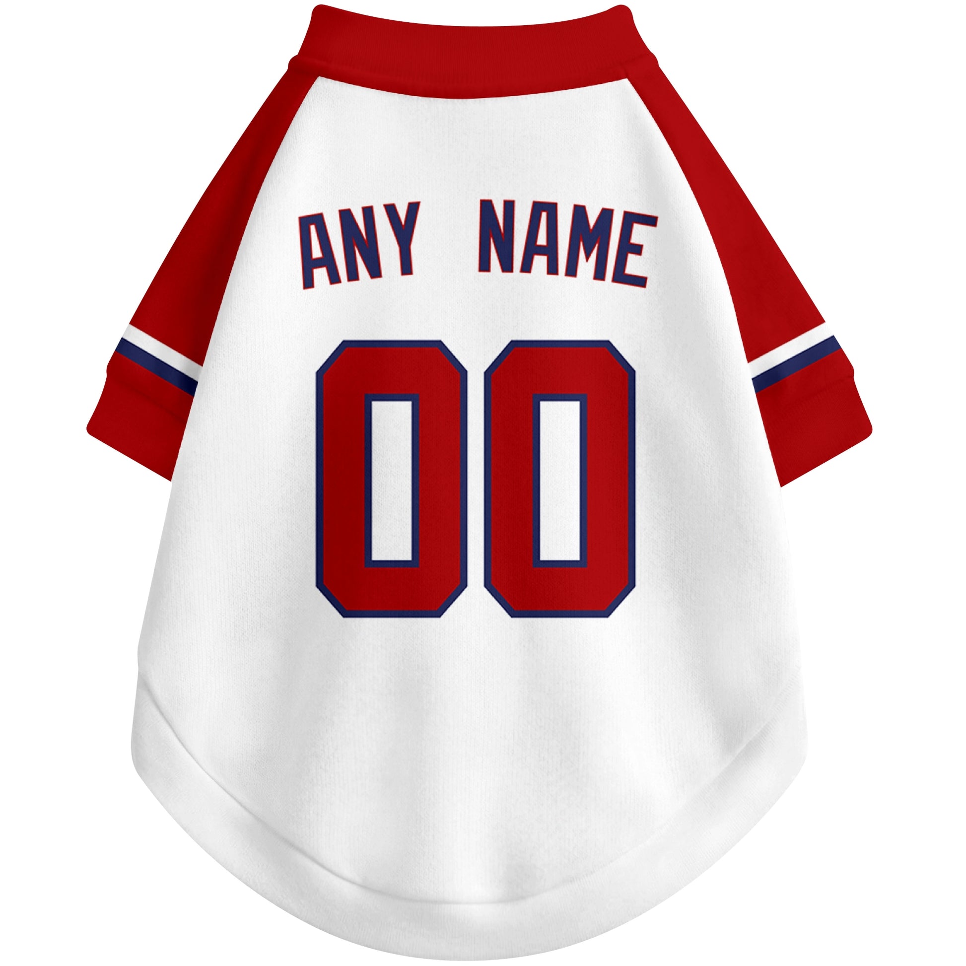 Back view of custom baseball-style dog jersey in White and Red colors with personalized name and number