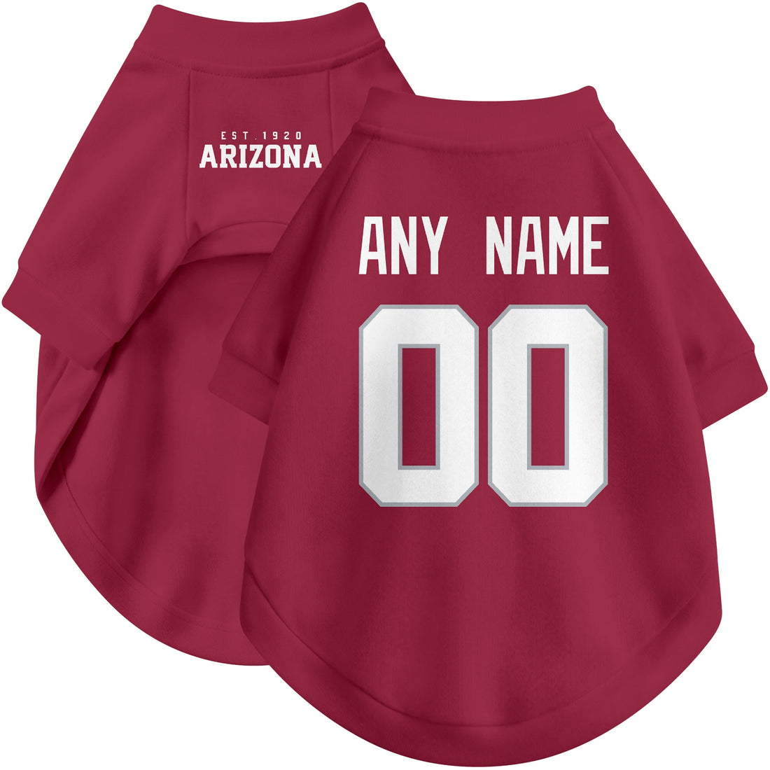 Dog wearing custom football-style dog jersey in red white black with personalized name and number