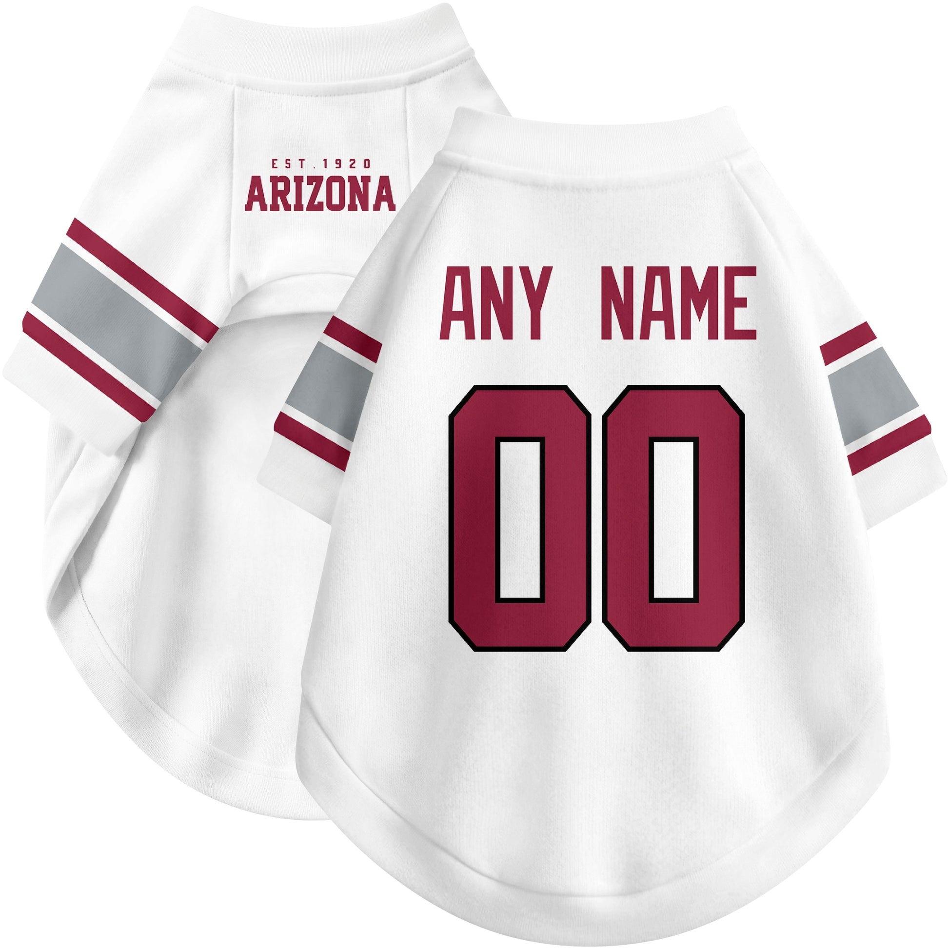 Custom football-style dog jersey in white personalized with any name and number