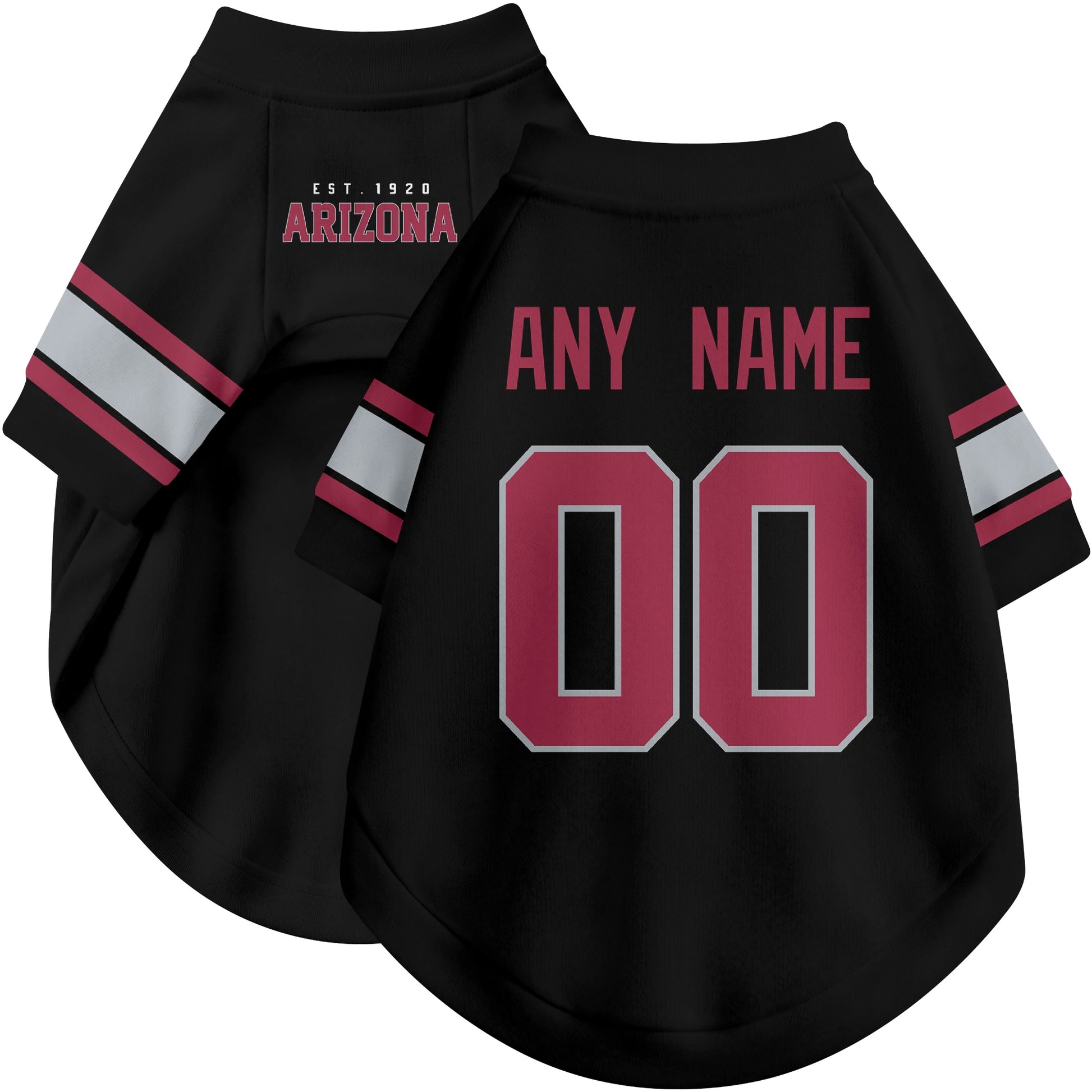 Custom football-style dog jersey in black personalized with any name and number