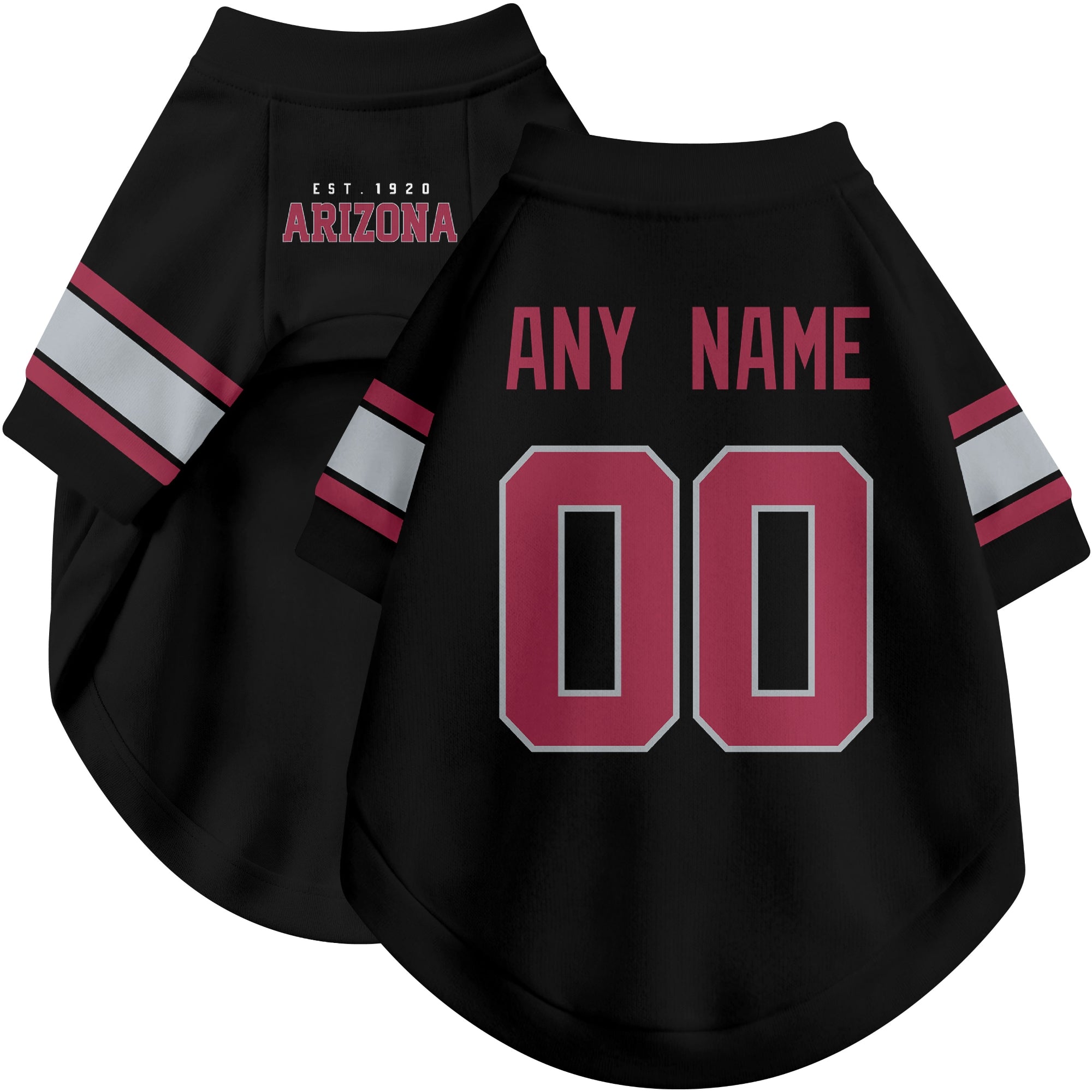 Custom football-style dog jersey in black personalized with any name and number