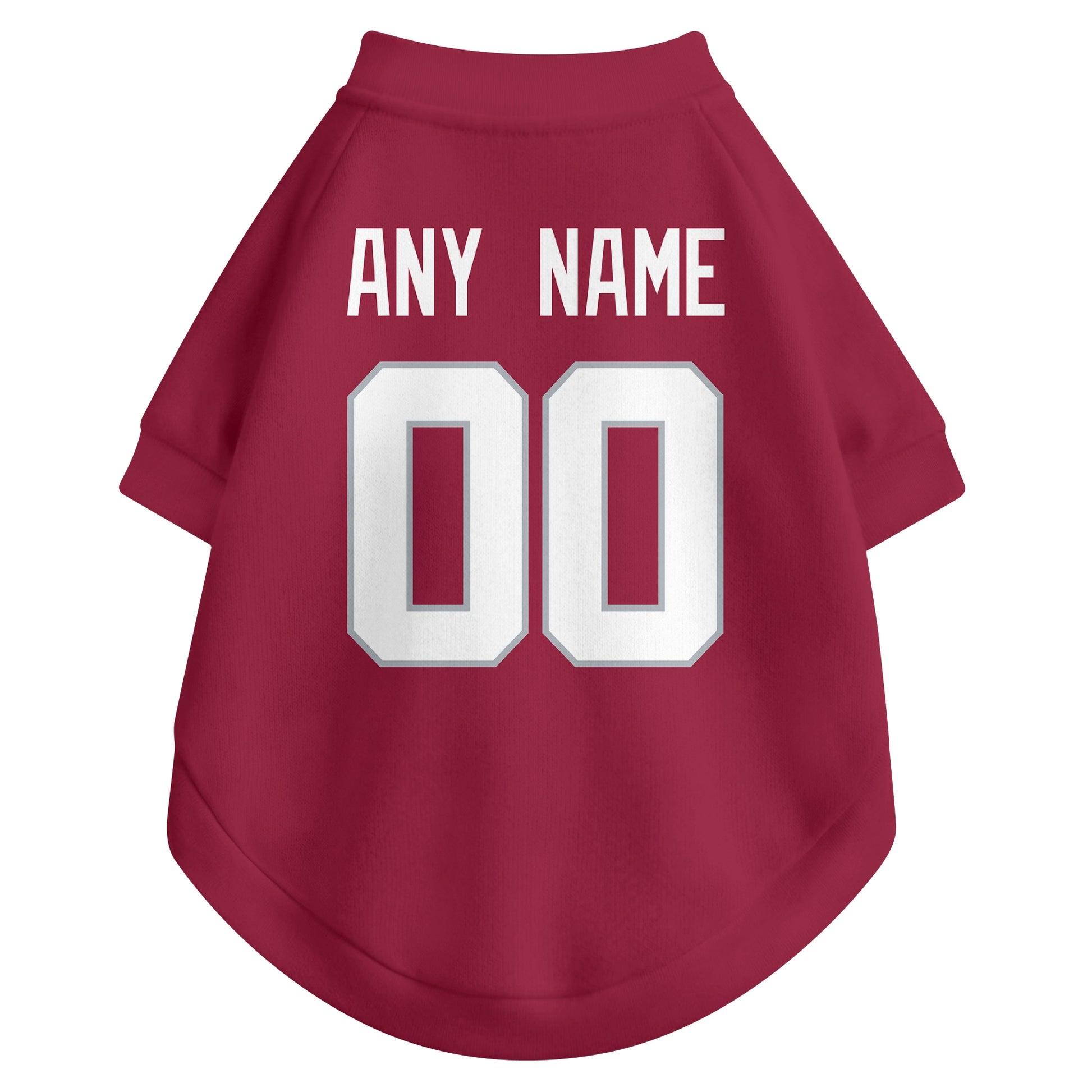 Back view of custom dog jersey in red showing name and number customization