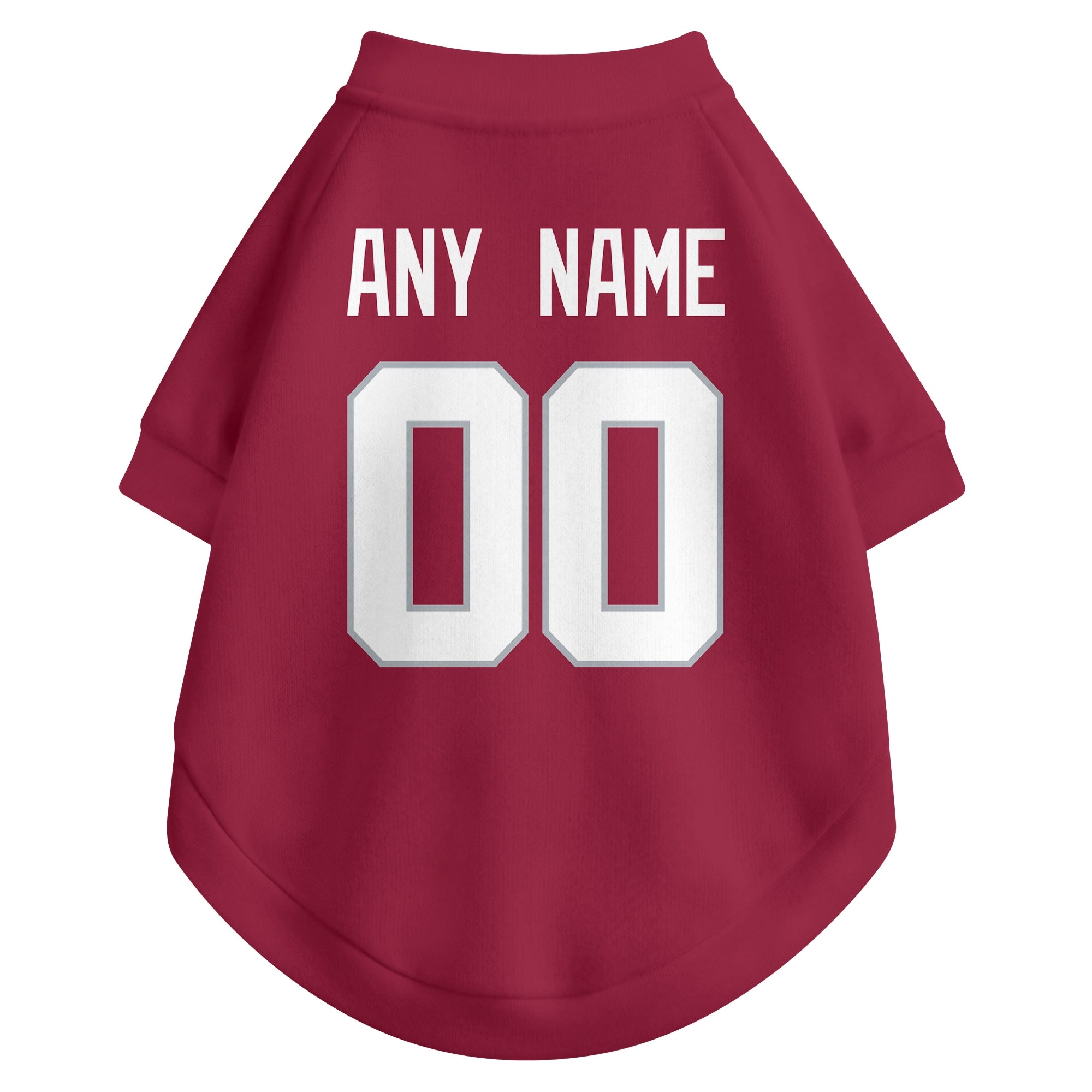 Back view of custom dog jersey in red showing name and number customization