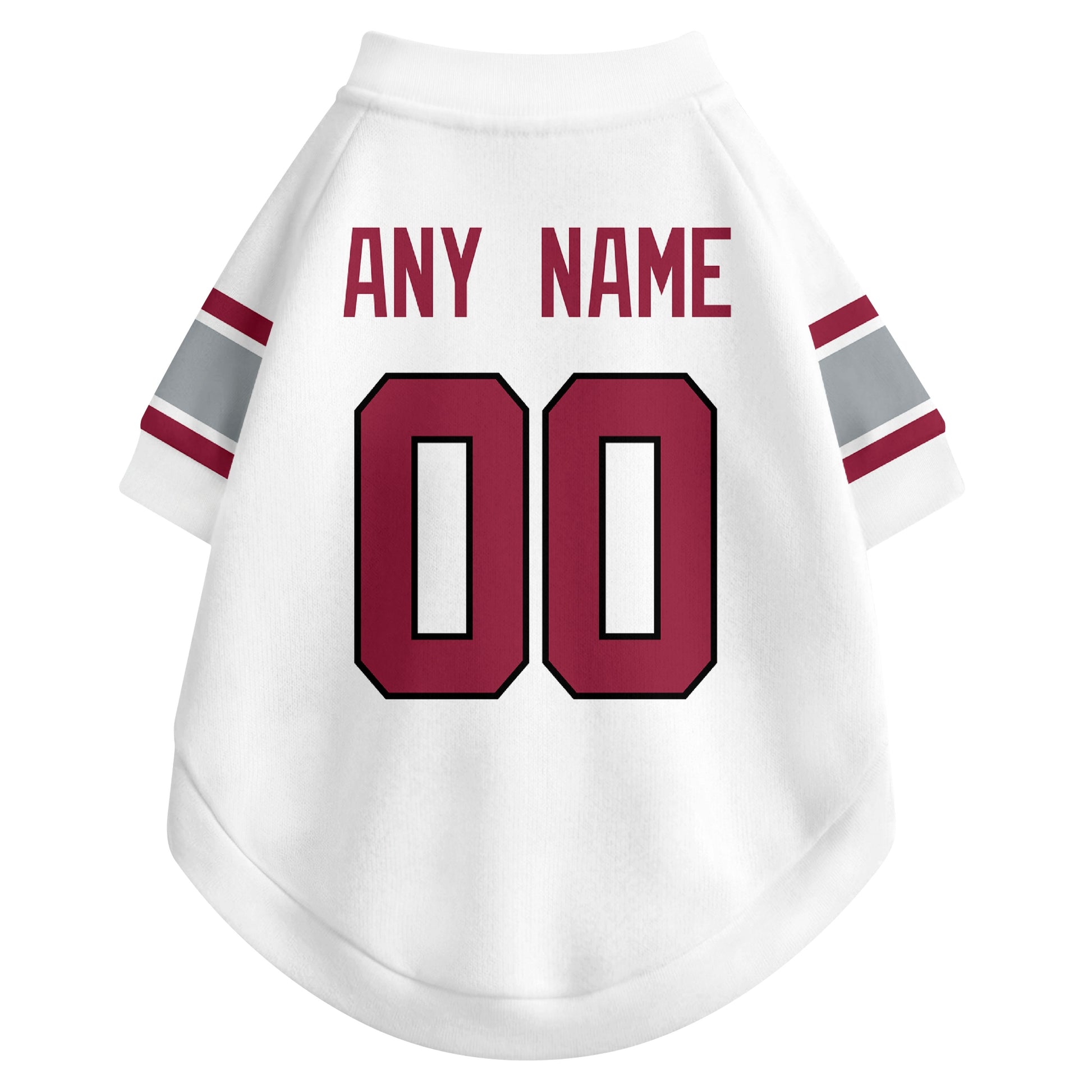 Back view of custom dog jersey in white showing name and number customization