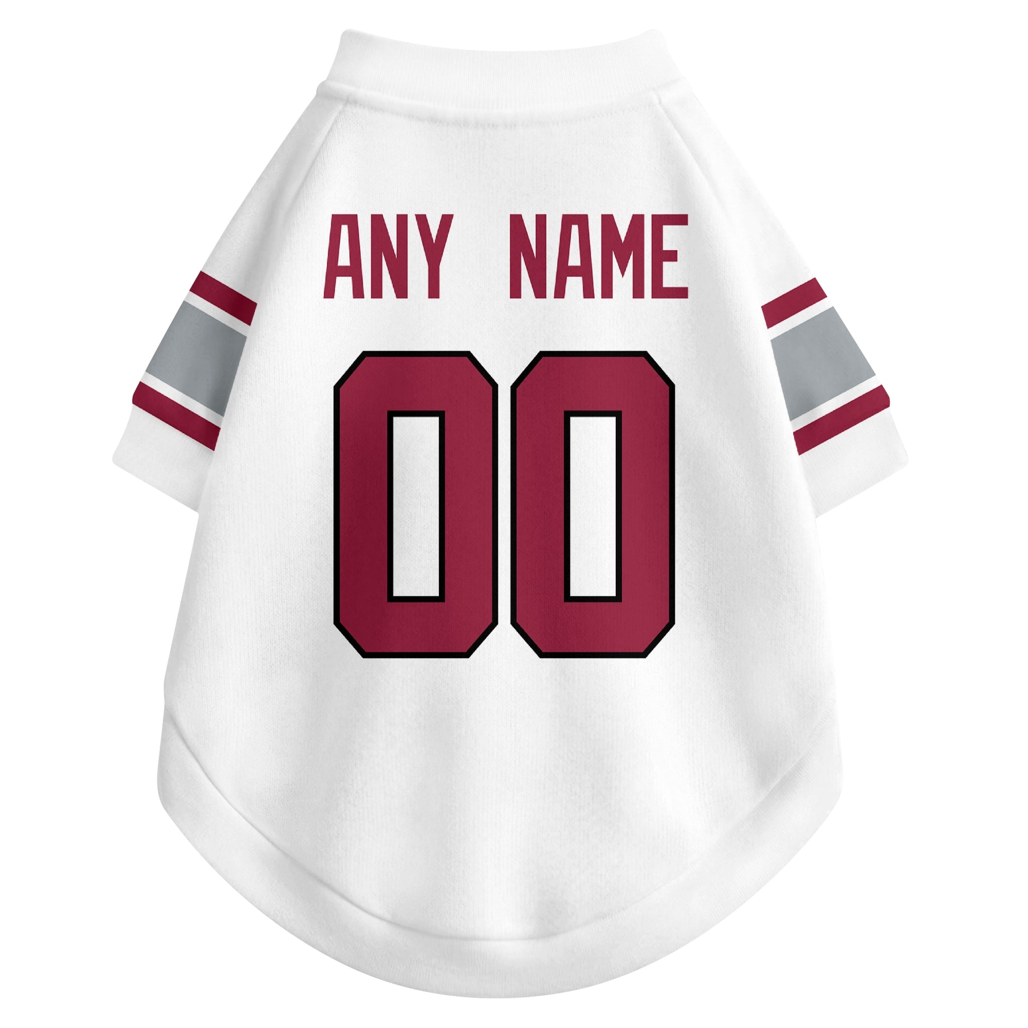 Back view of custom dog jersey in white showing name and number customization