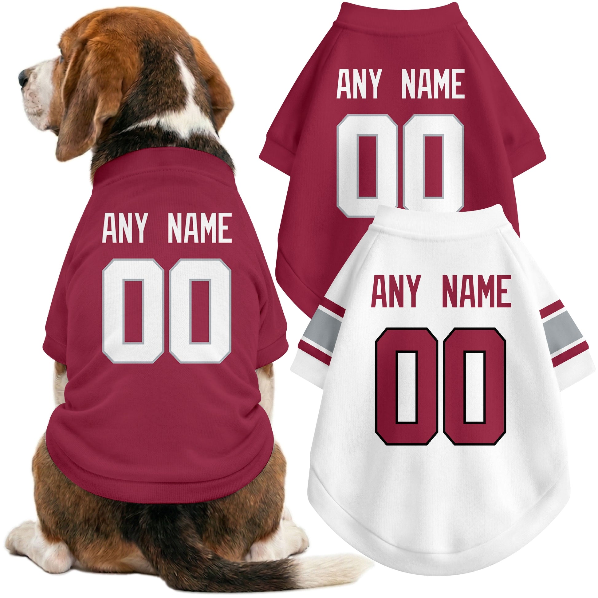Dog wearing custom football-style dog jersey in red white black with personalized name and number