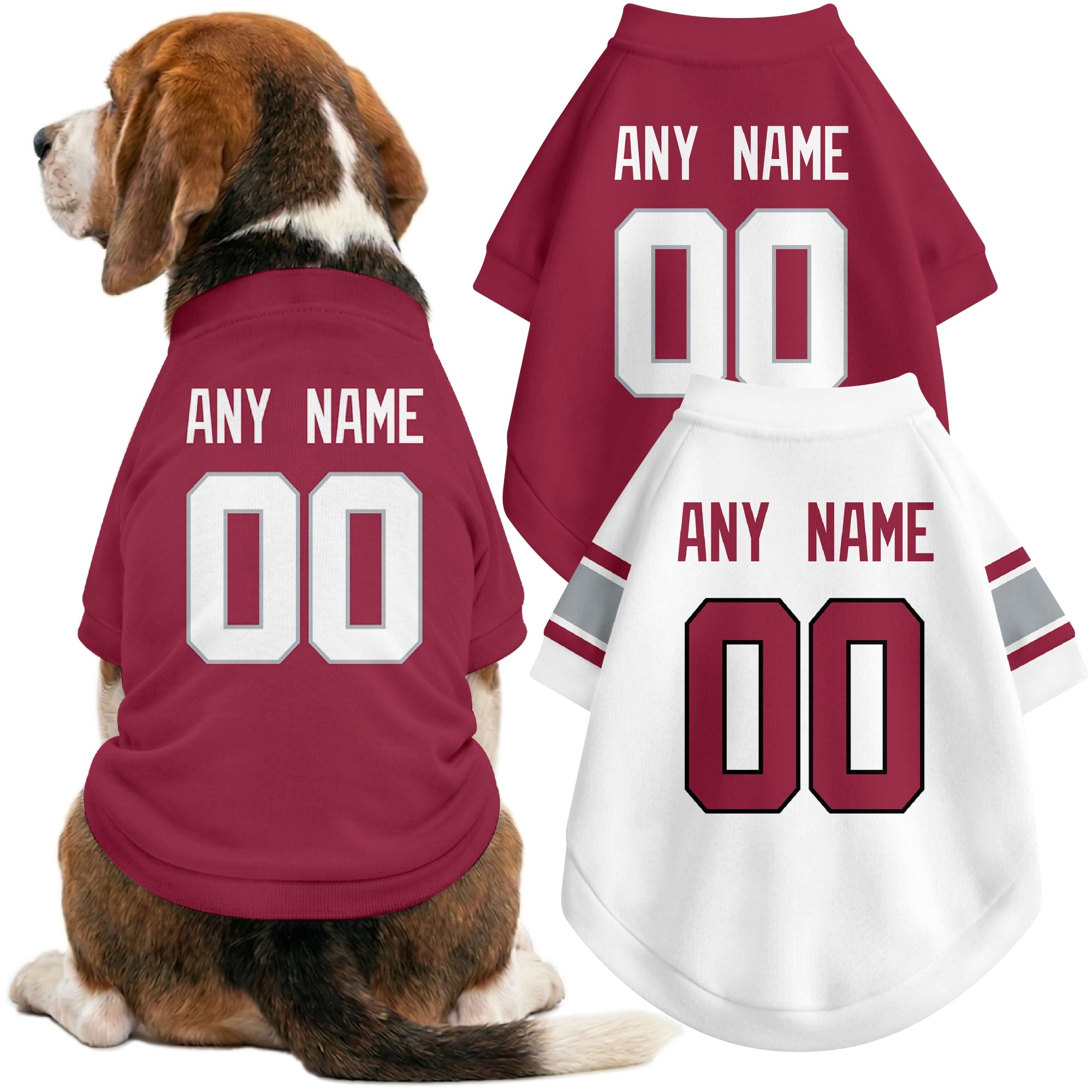 Dog wearing custom football-style dog jersey in red white black with personalized name and number