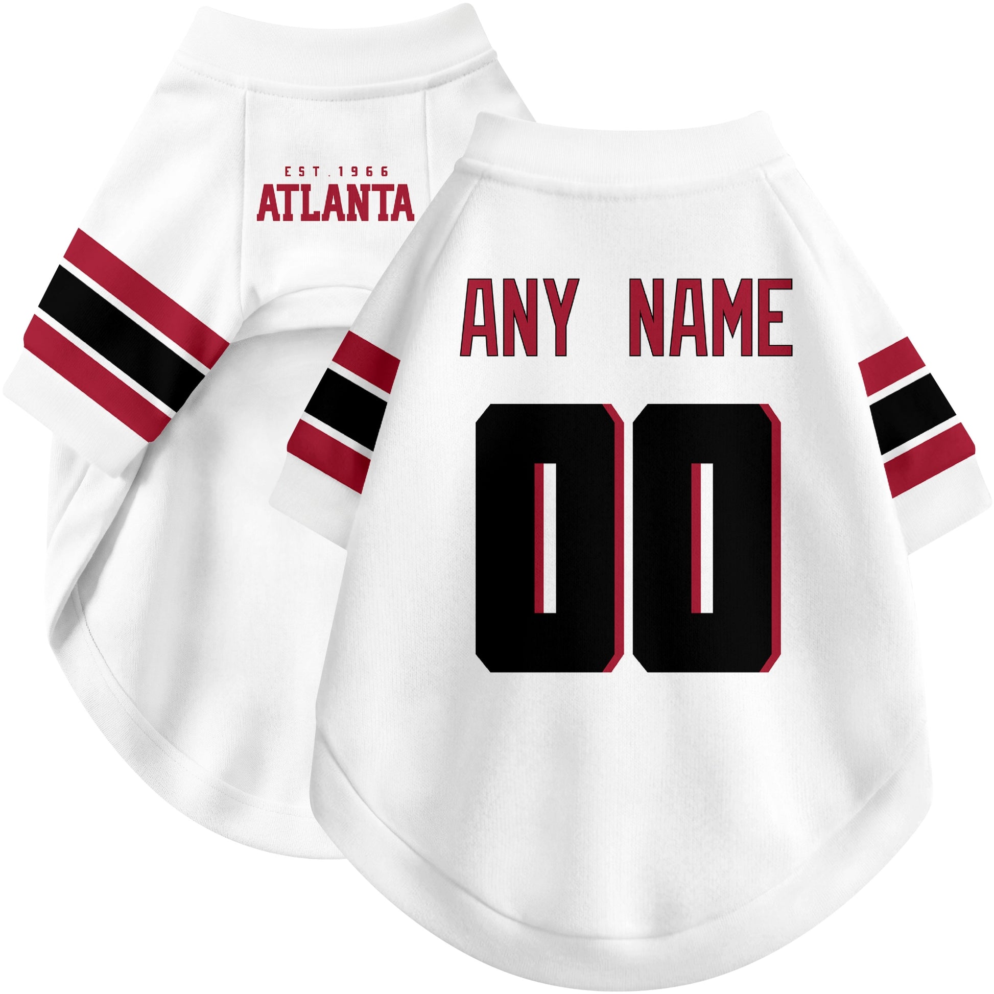 Custom football-style dog jersey in white personalized with any name and number