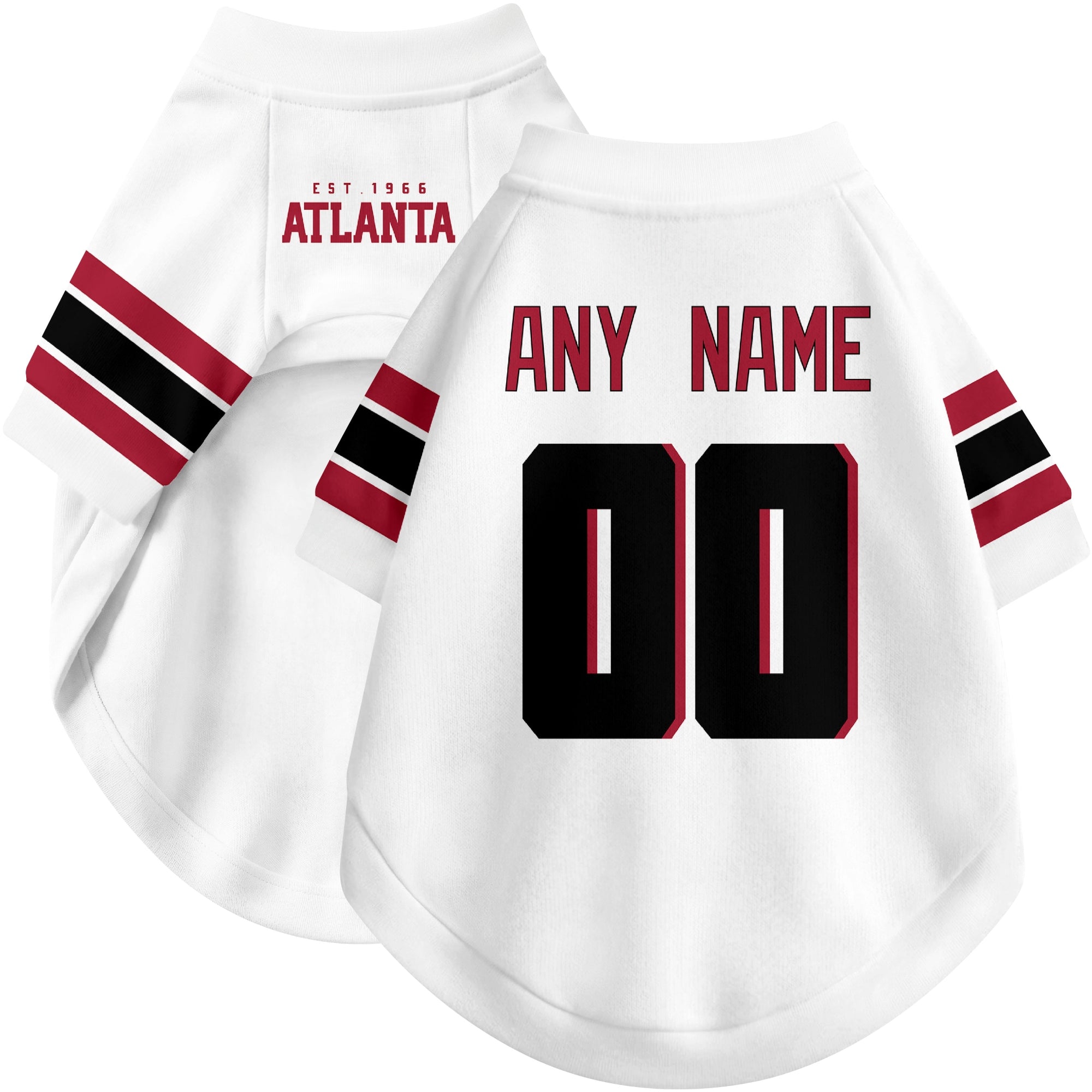 Custom football-style dog jersey in white personalized with any name and number