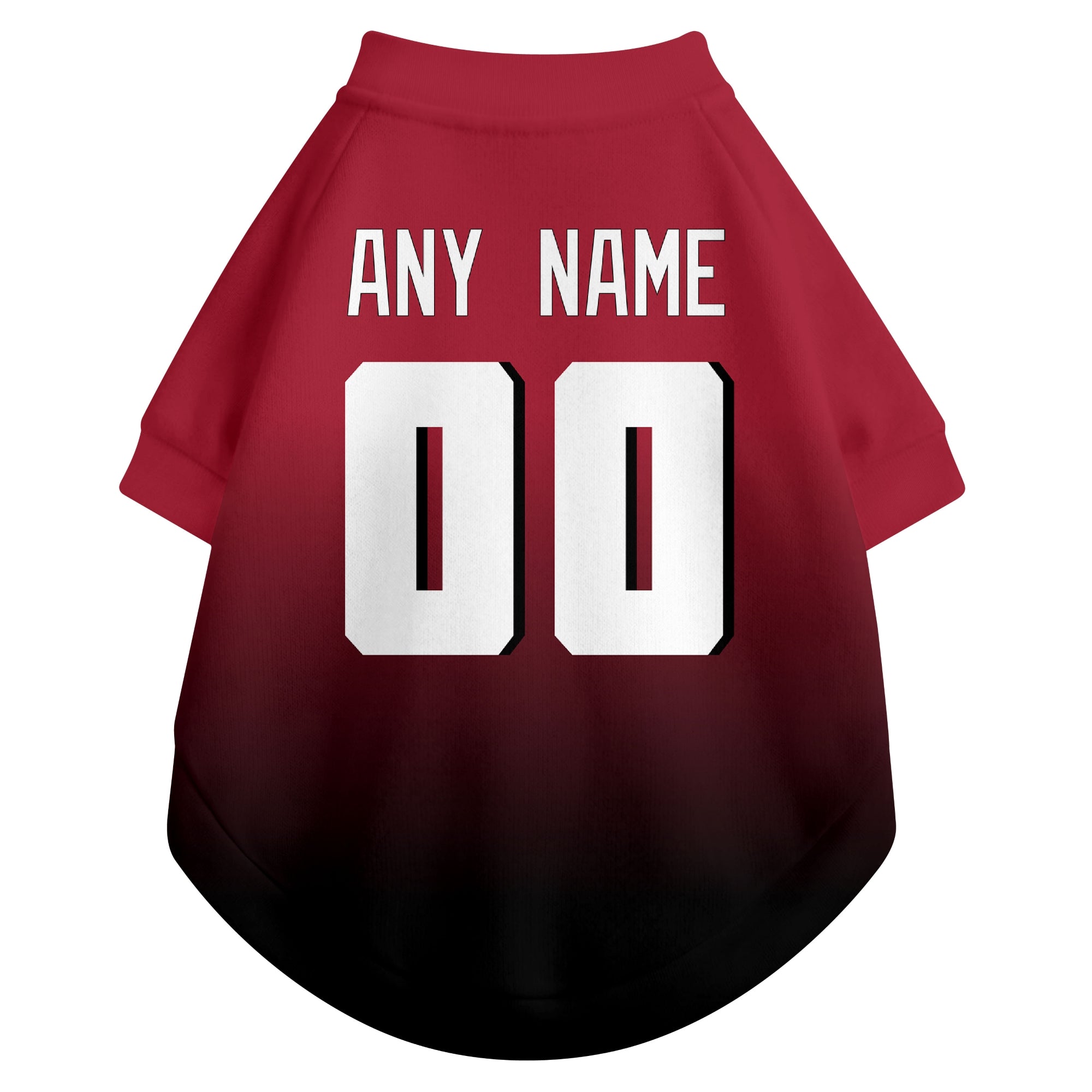 Back view of custom dog jersey in red showing name and number customization