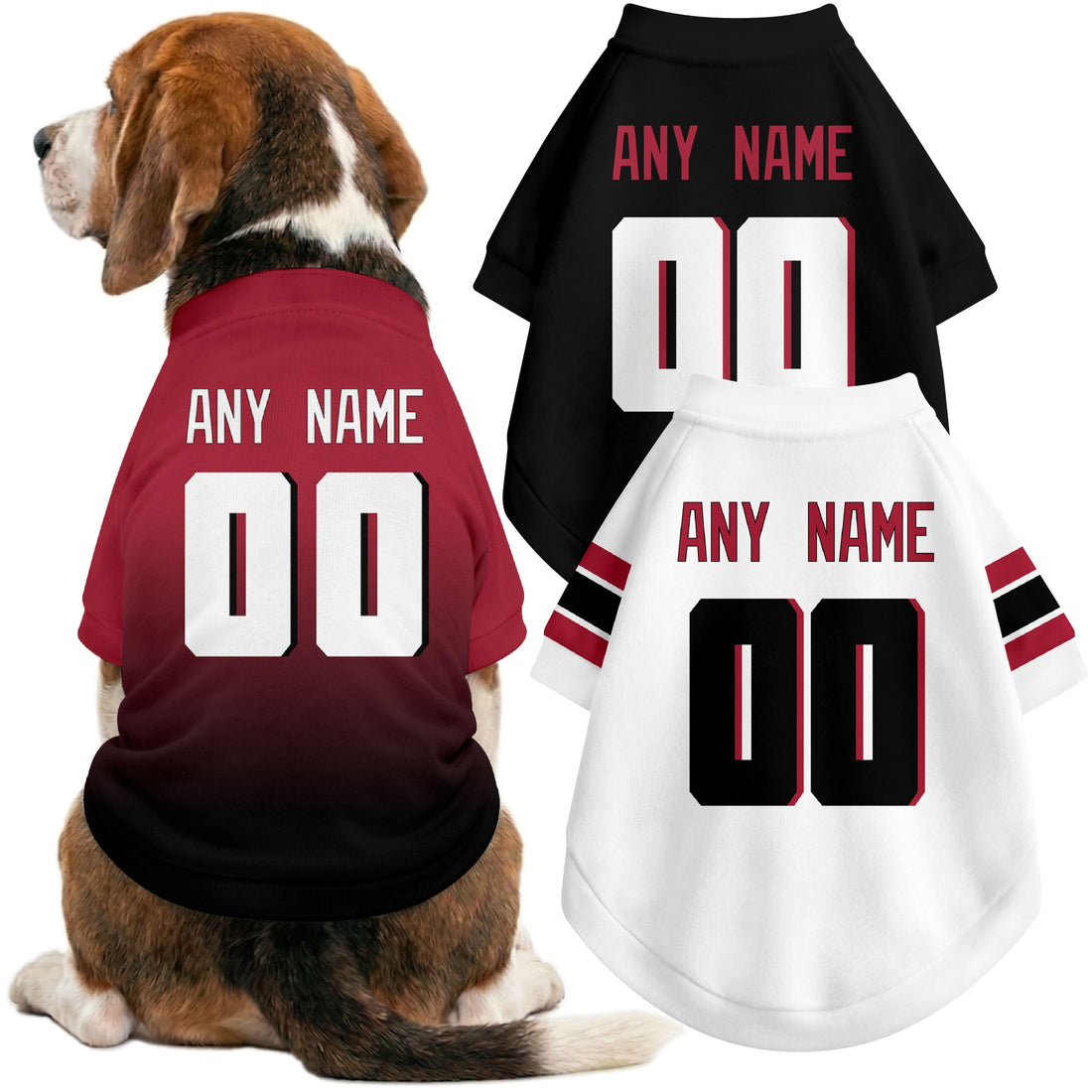 Dog wearing custom football-style dog jersey in red white black with personalized name and number