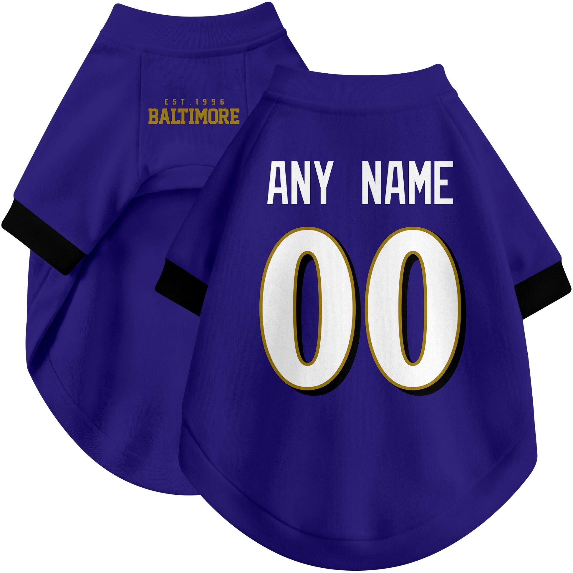 Custom football-style dog jersey in purple personalized with any name and number