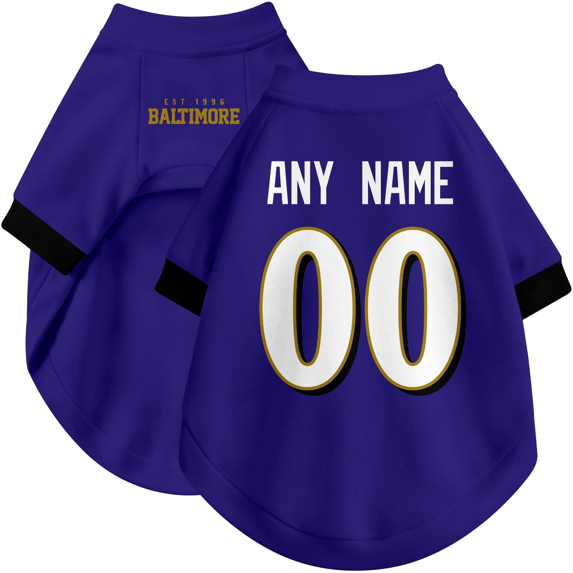 Custom football-style dog jersey in purple personalized with any name and number