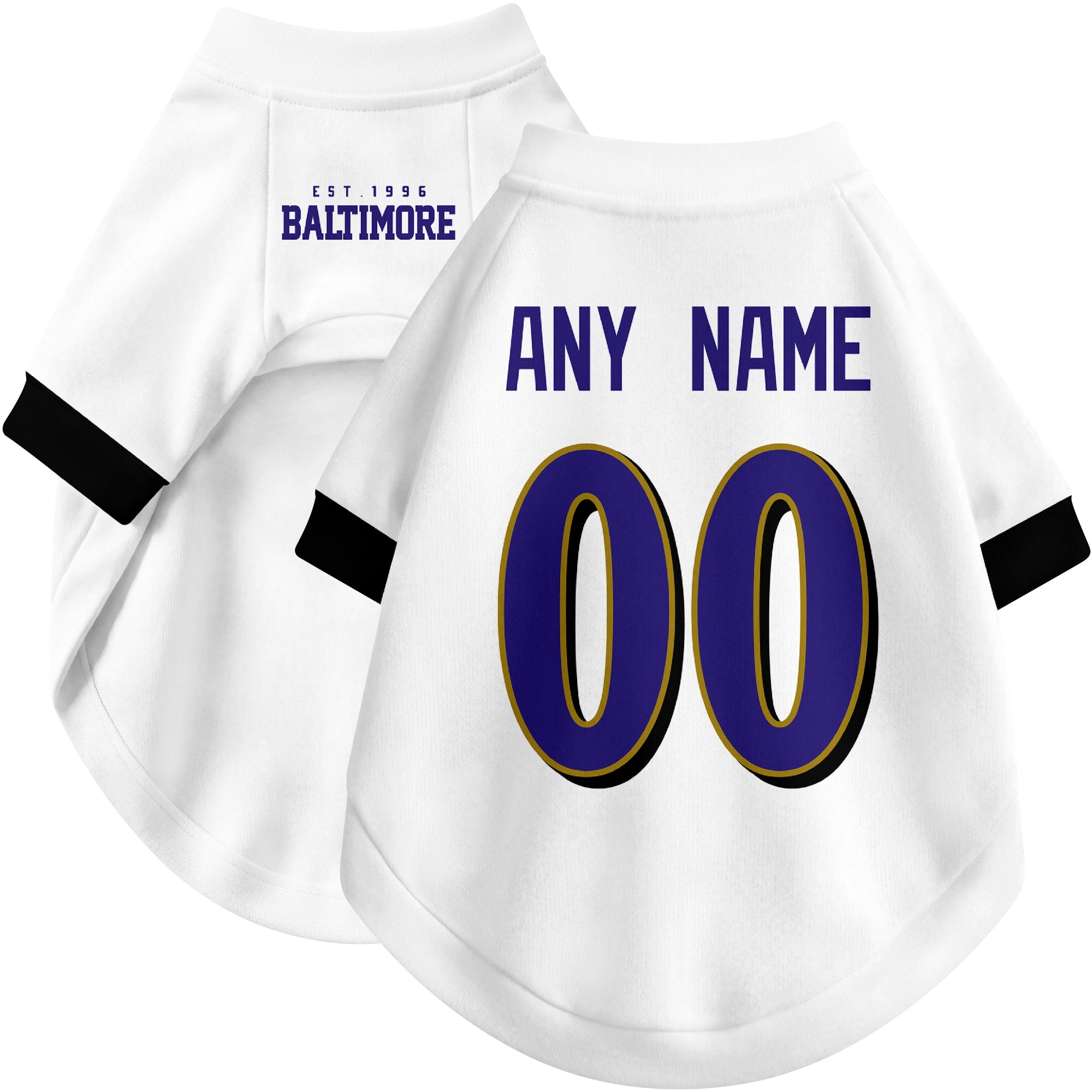 Custom football-style dog jersey in white personalized with any name and number