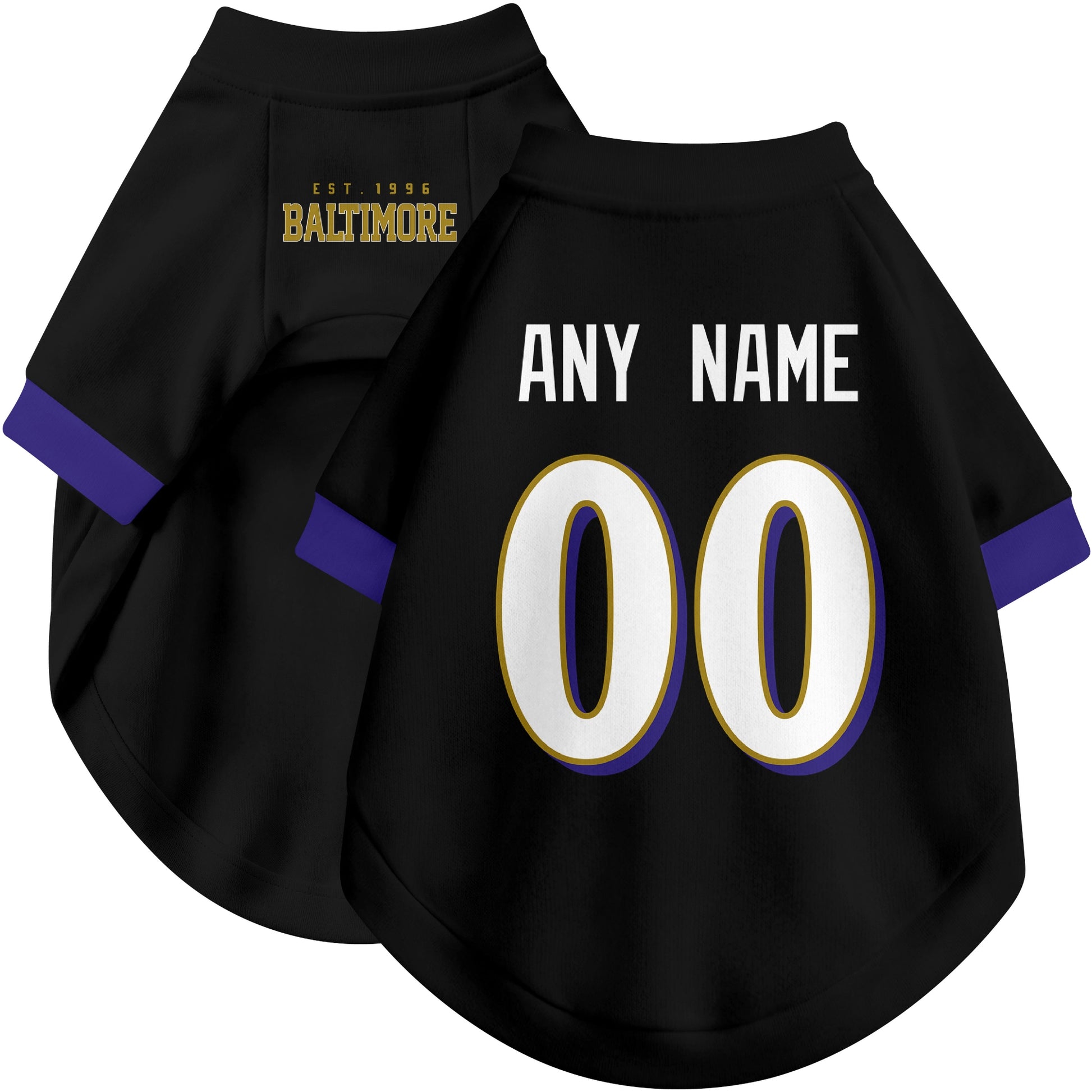 Custom football-style dog jersey in black personalized with any name and number