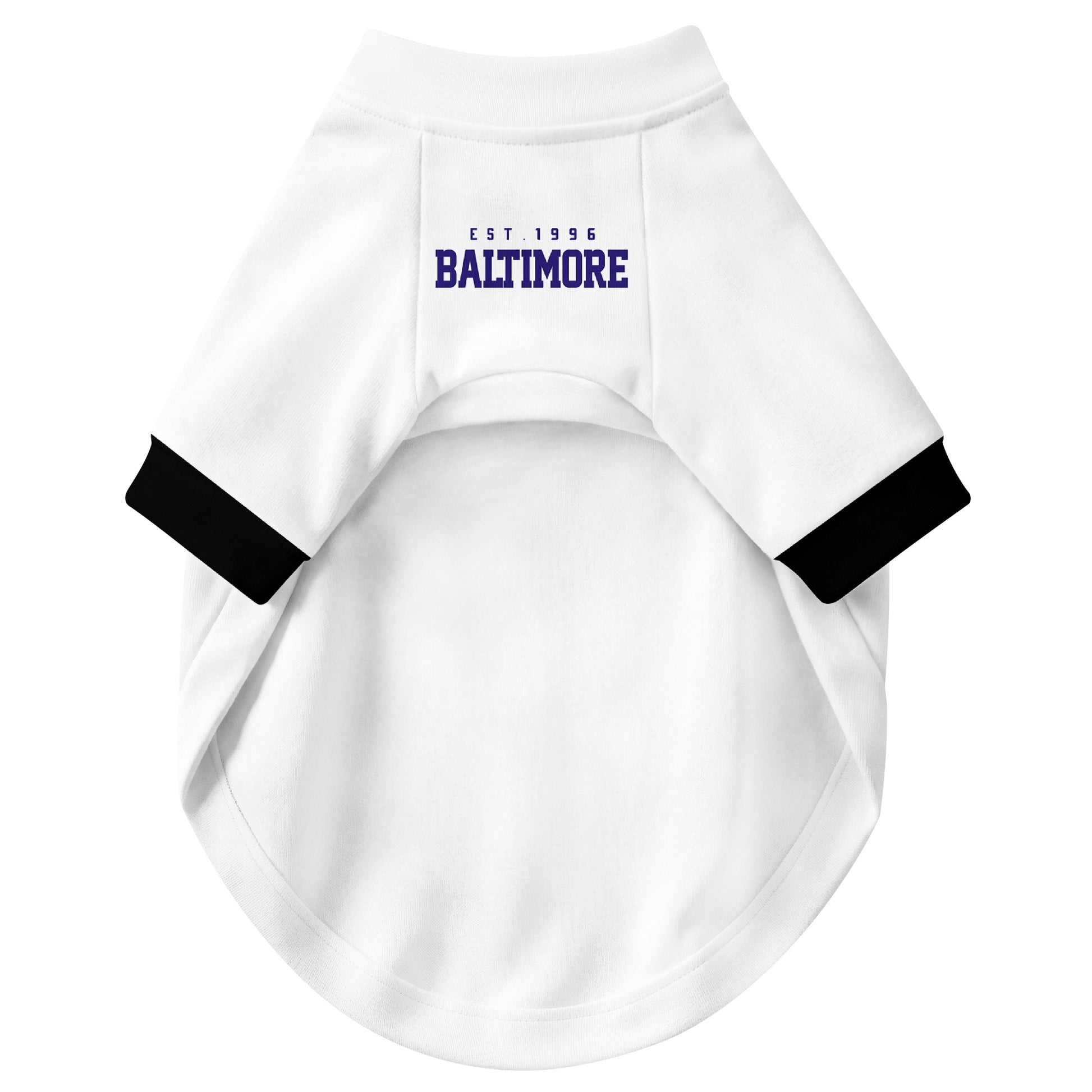 Front view of custom dog jersey in white personalized with name and number