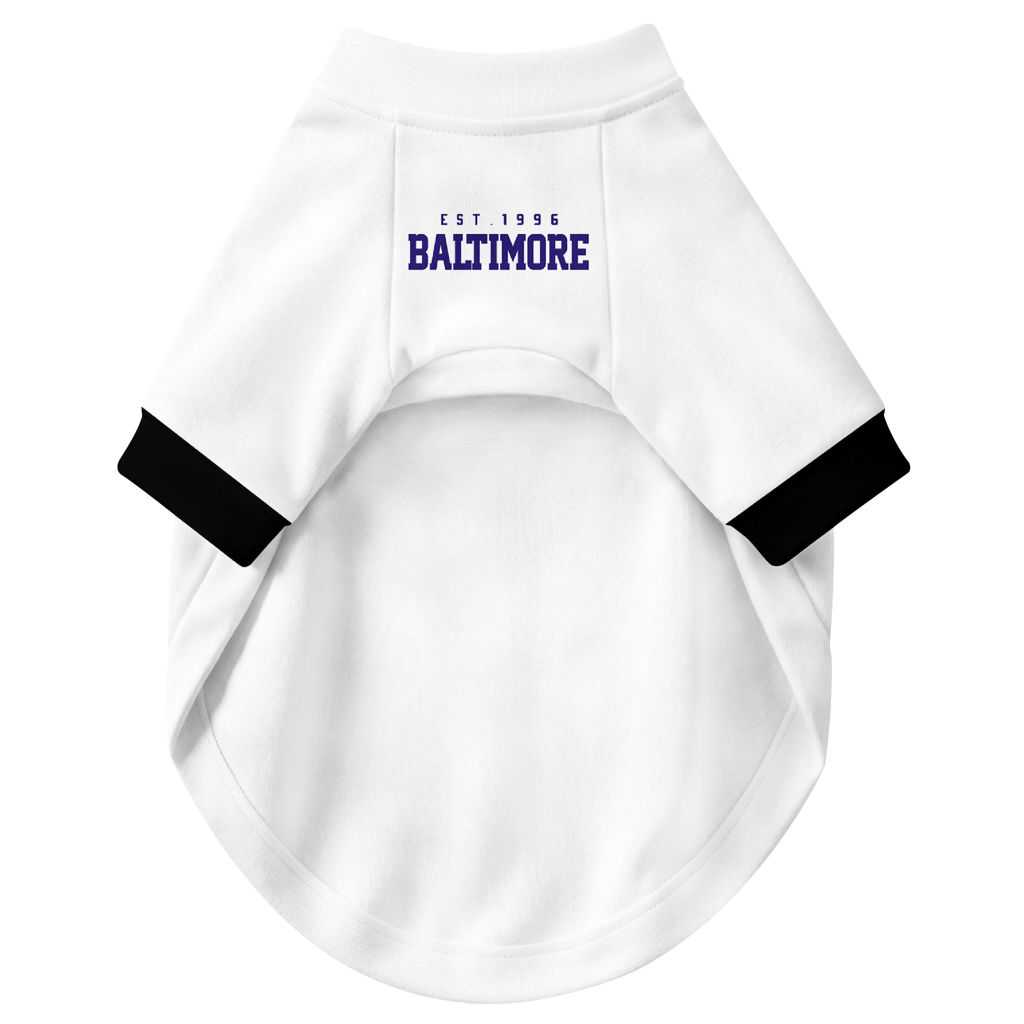 Front view of custom dog jersey in white personalized with name and number
