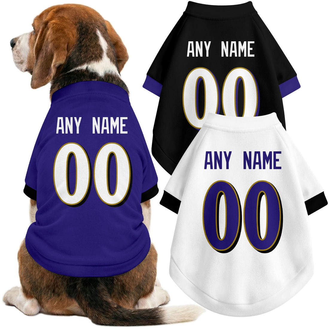 Dog wearing custom football-style dog jersey in purple white black with personalized name and number