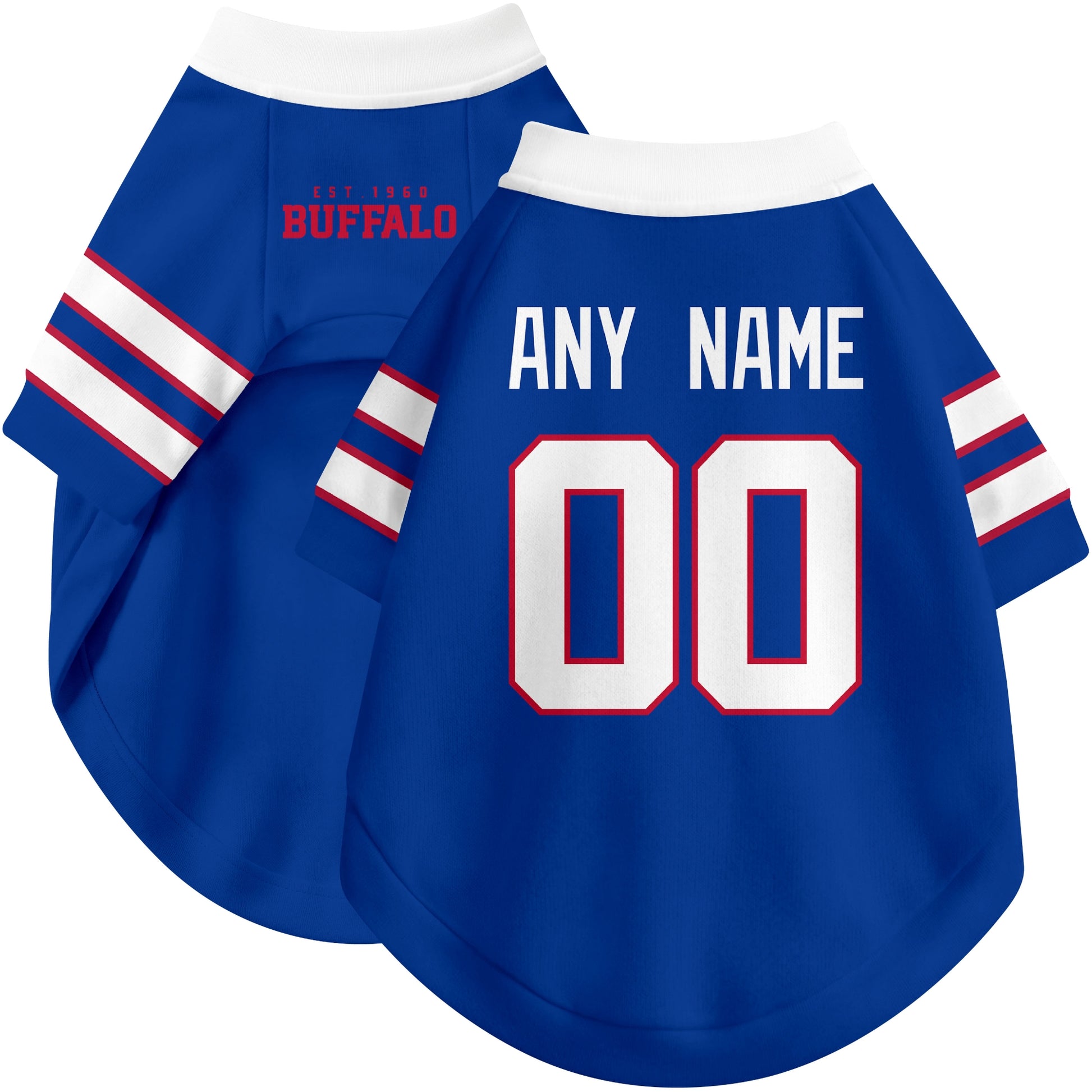 Custom football-style dog jersey in royal blue personalized with any name and number