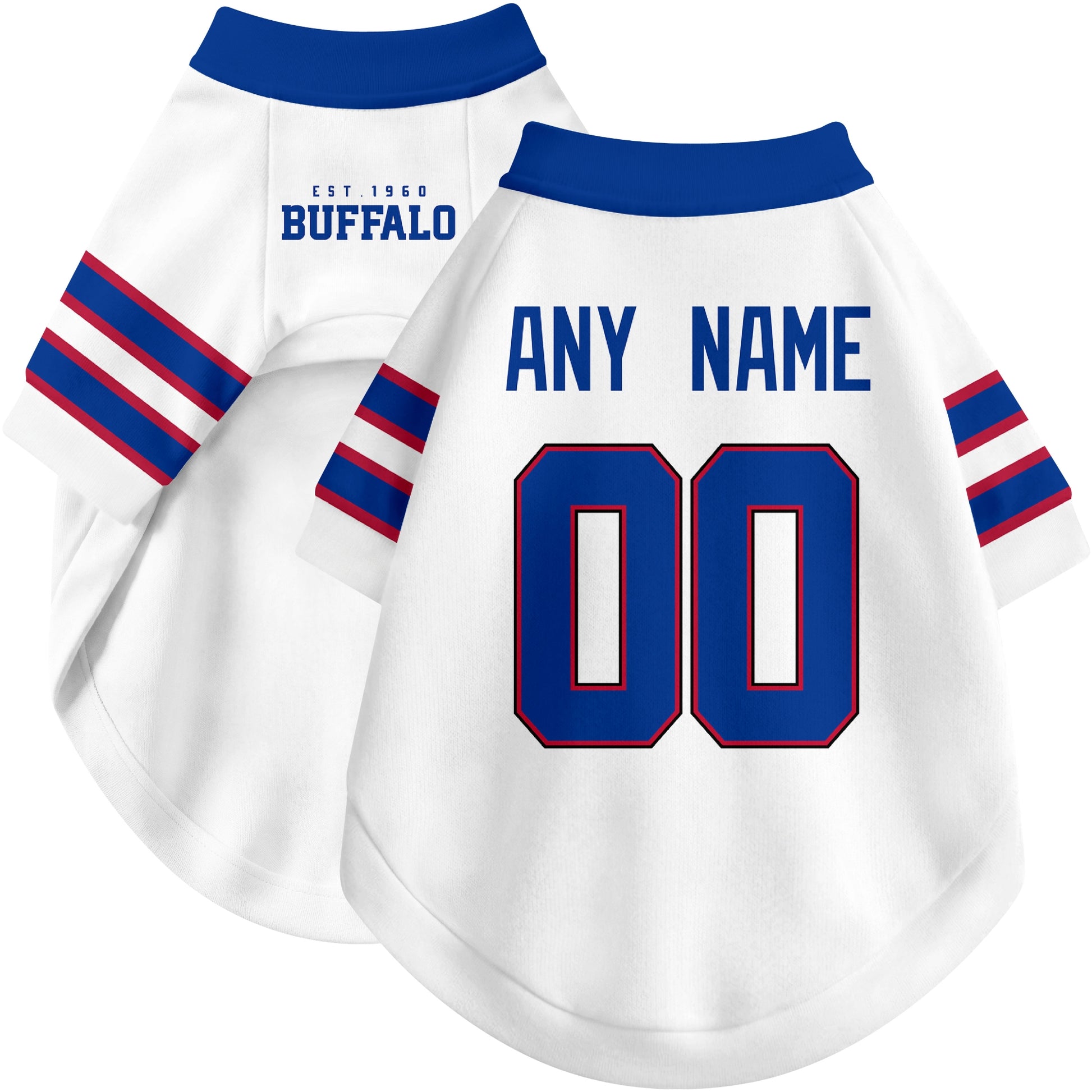 Custom football-style dog jersey in white personalized with any name and number