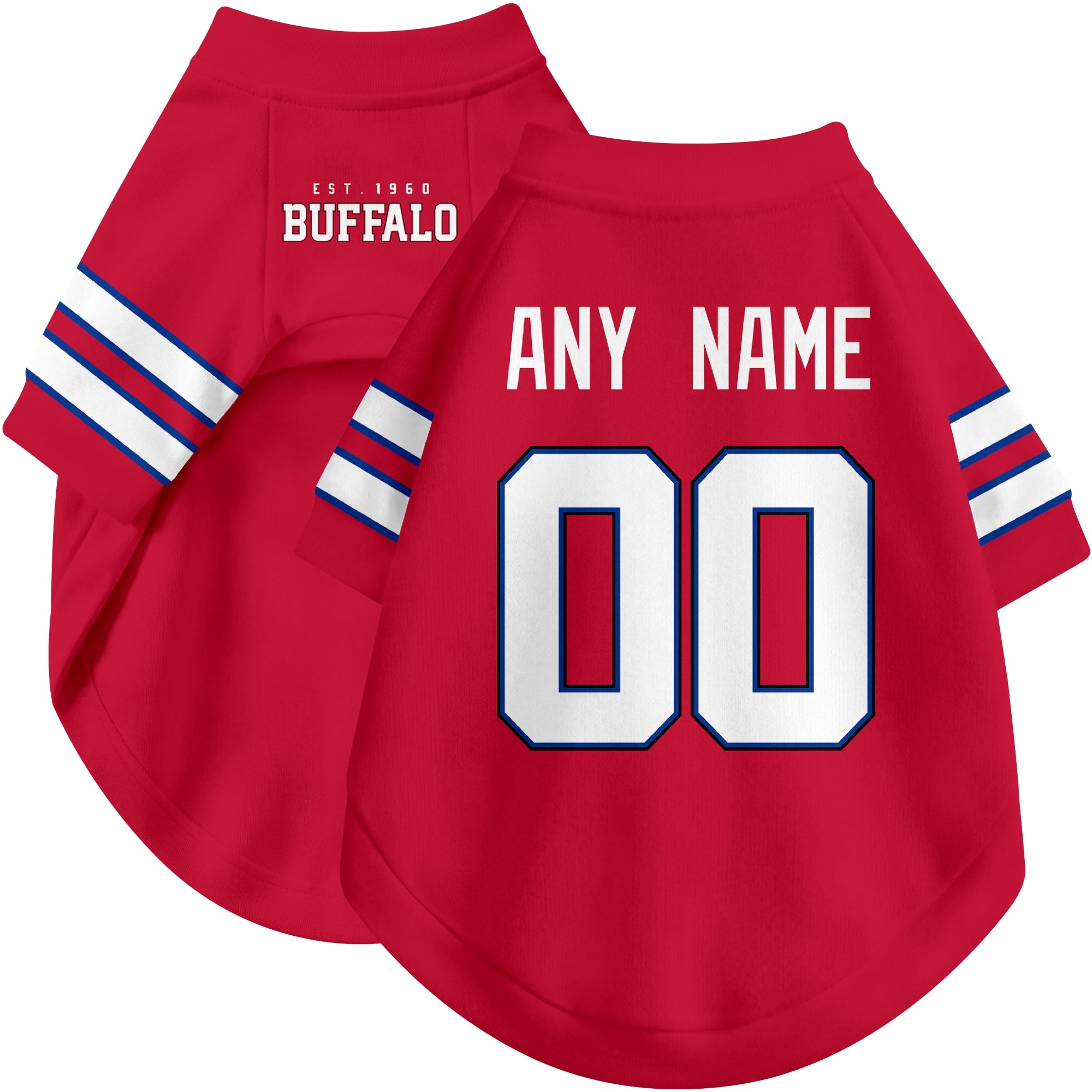 Custom football-style dog jersey in red personalized with any name and number