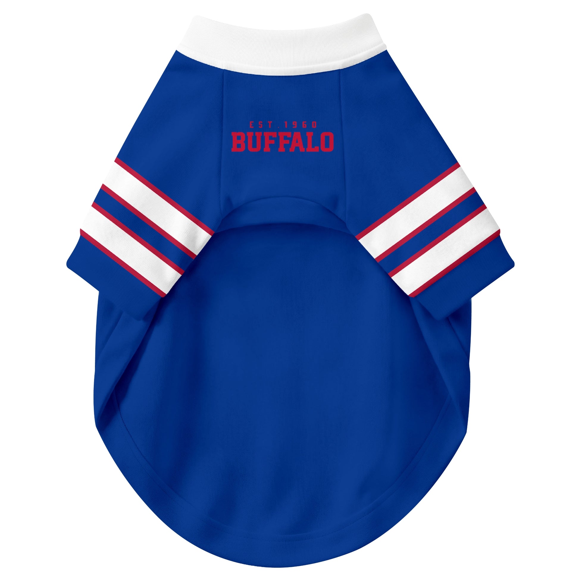 Front view of custom dog jersey in royal blue personalized with name and number
