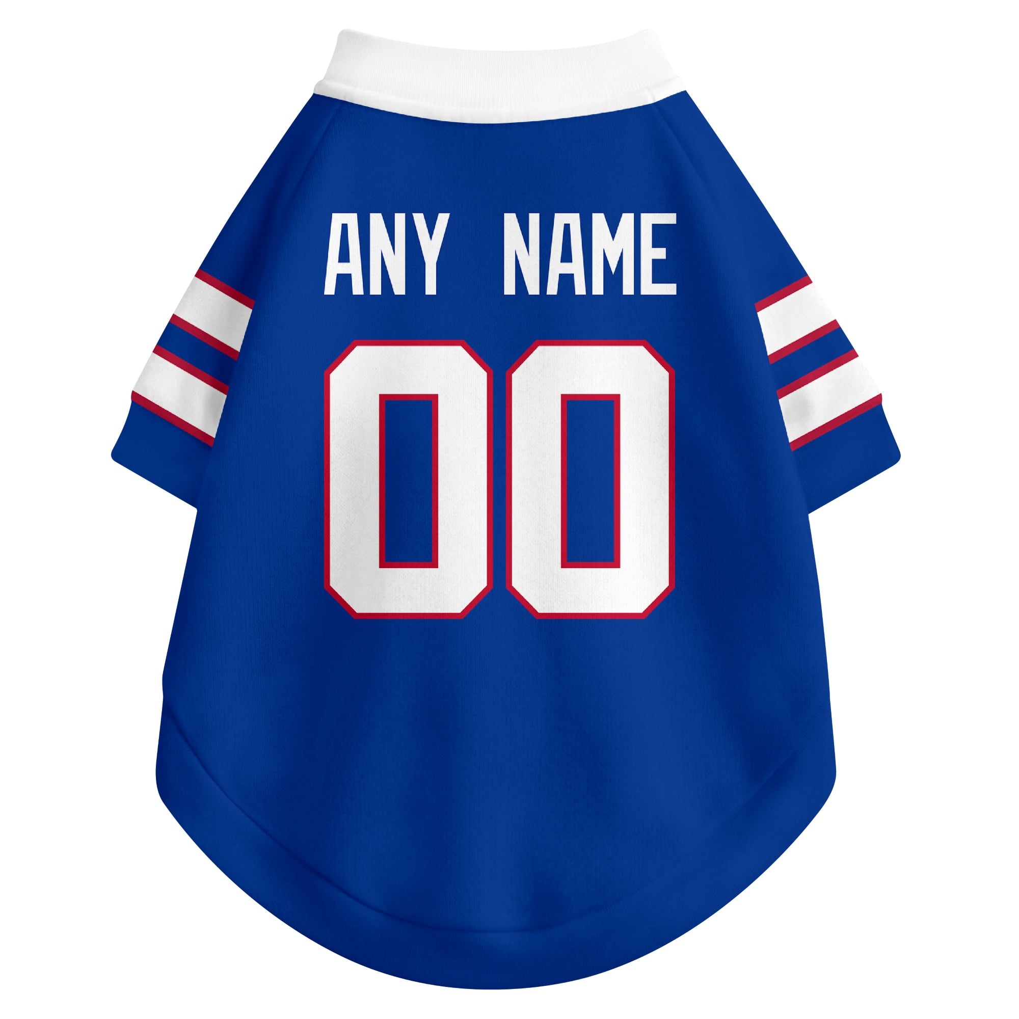 Back view of custom dog jersey in royal blue showing name and number customization