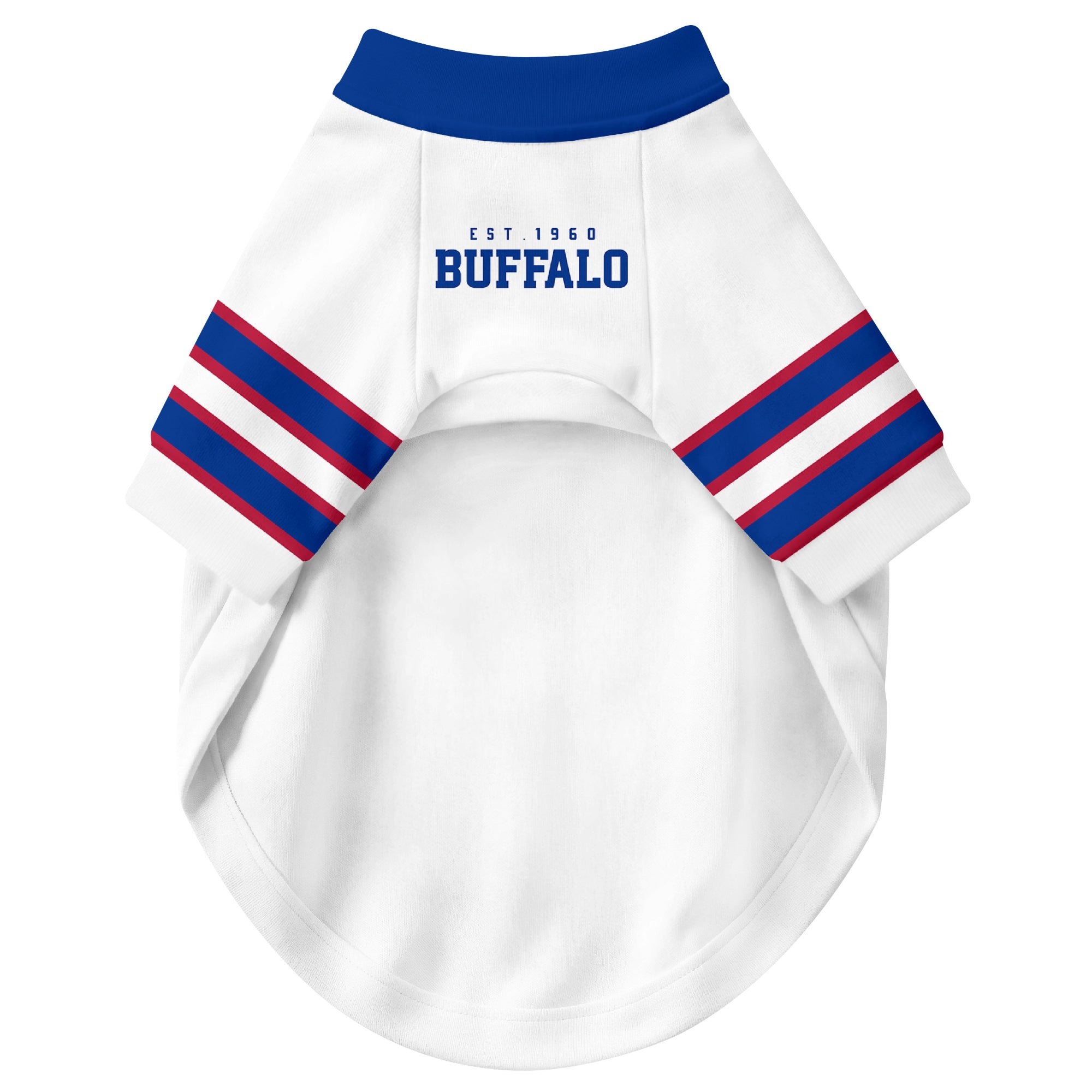 Front view of custom dog jersey in white personalized with name and number