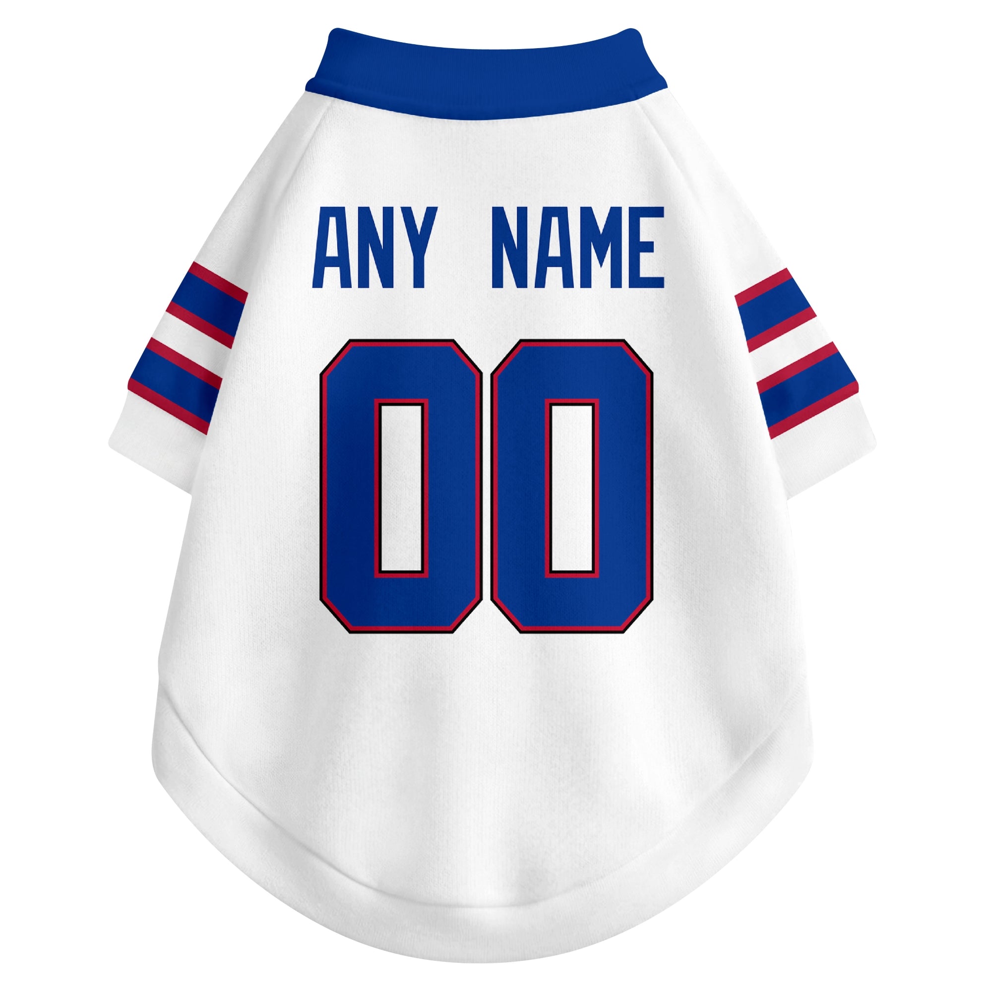 Back view of custom dog jersey in white showing name and number customization