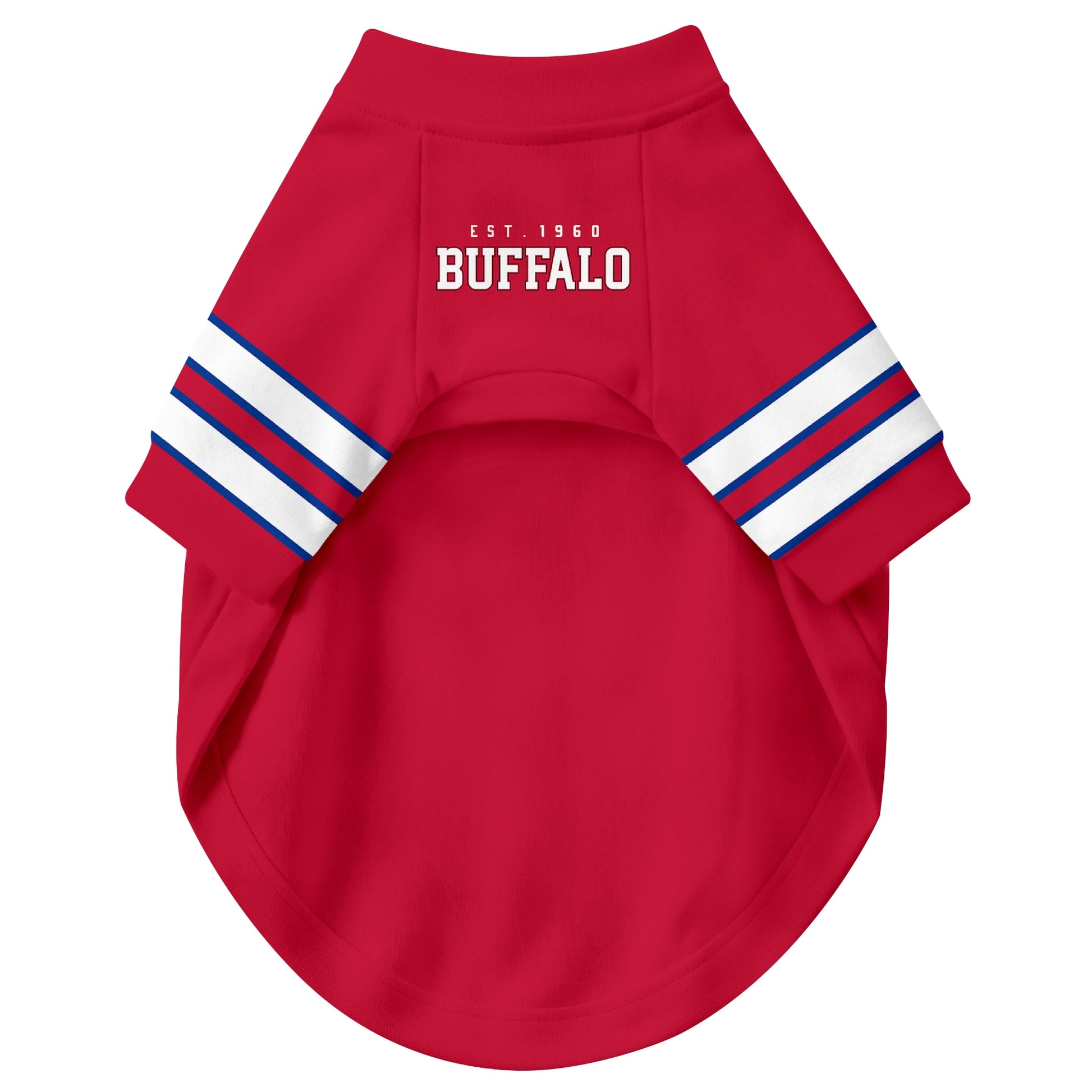 Front view of custom dog jersey in red personalized with name and number