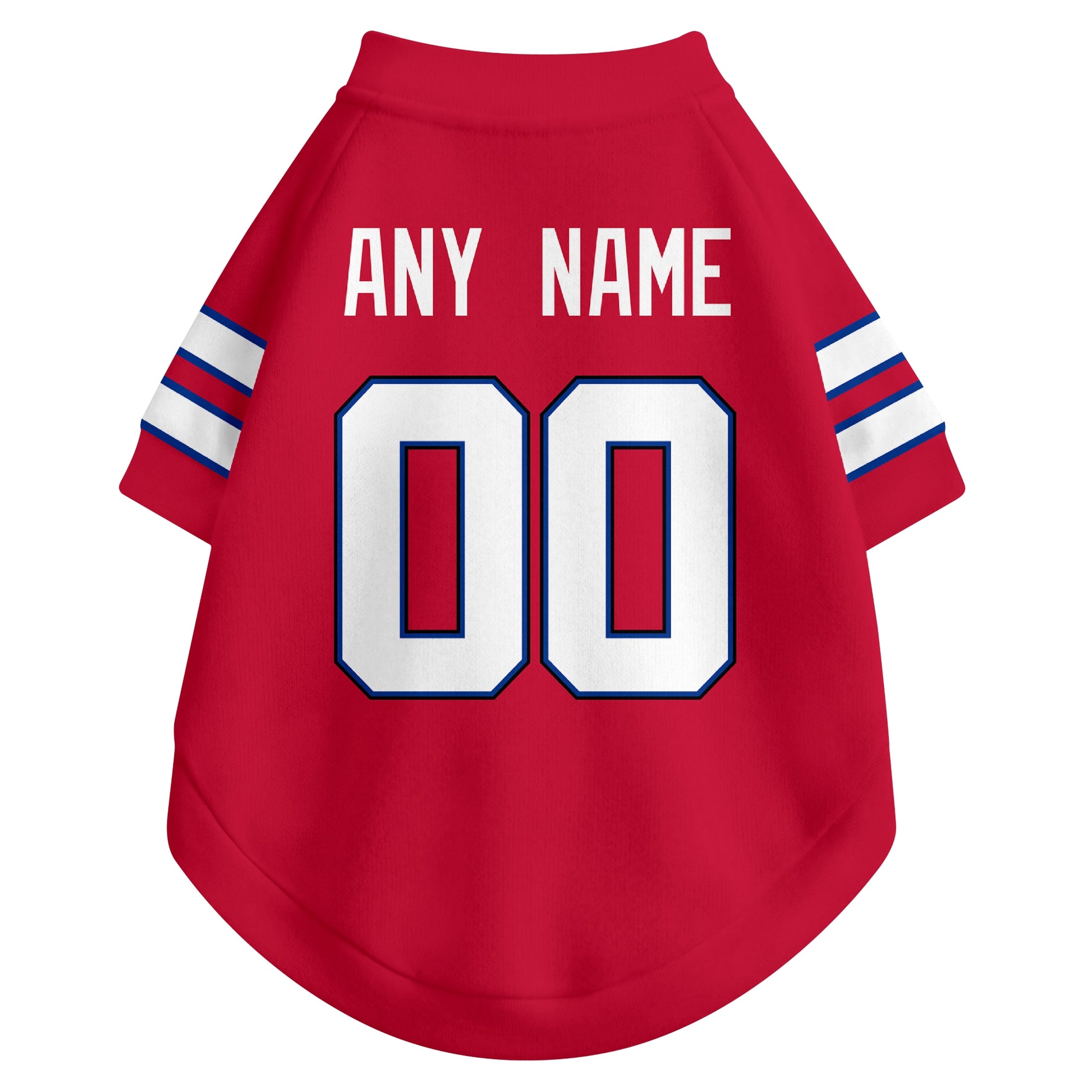 Back view of custom dog jersey in red showing name and number customization