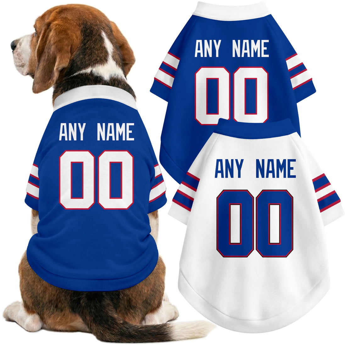 Dog wearing custom football-style dog jersey in royal blue white red with personalized name and number