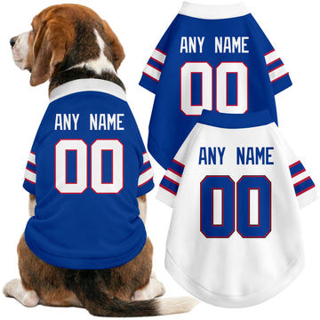 Dog wearing custom football-style dog jersey in royal blue white red with personalized name and number