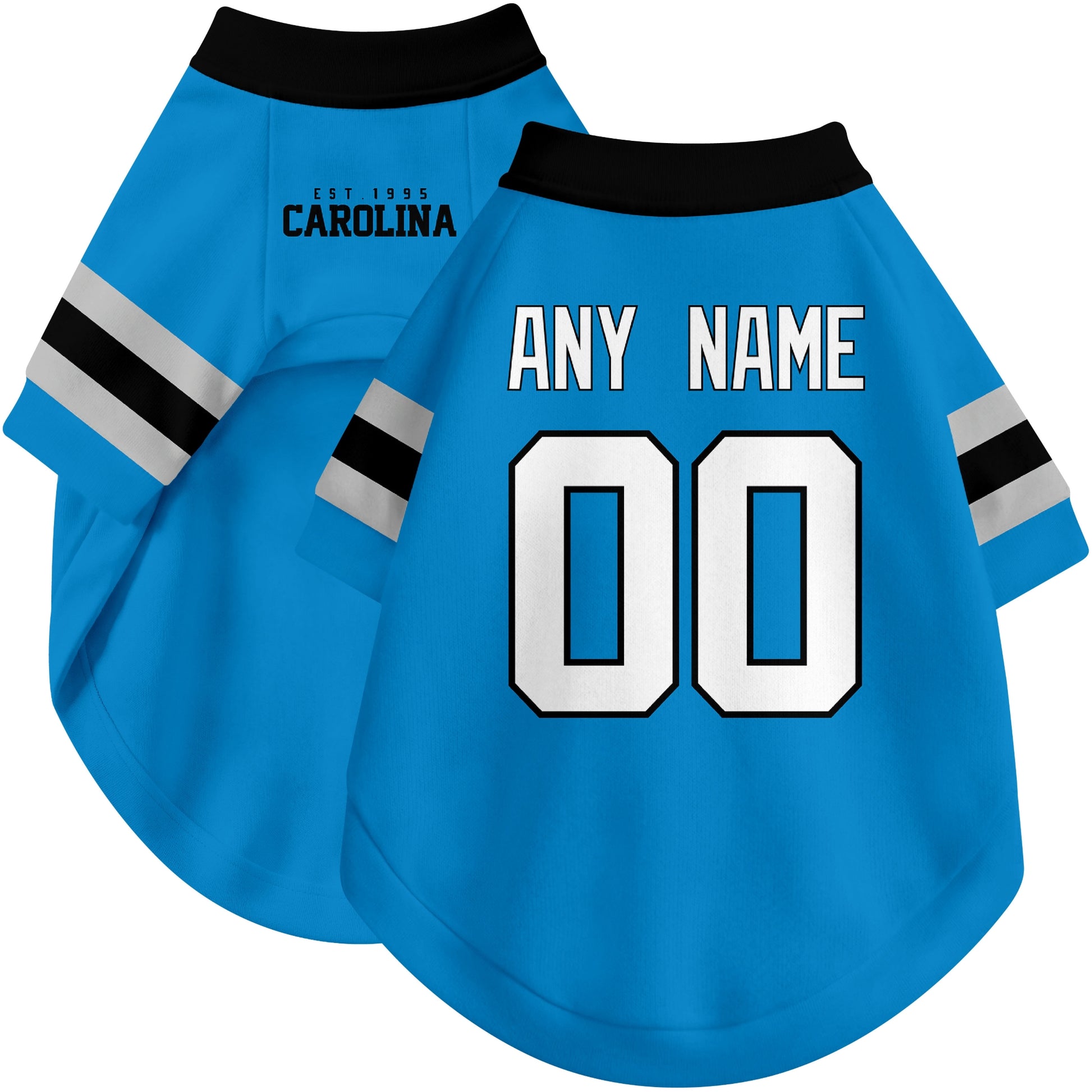 Custom football-style dog jersey in blue personalized with any name and number