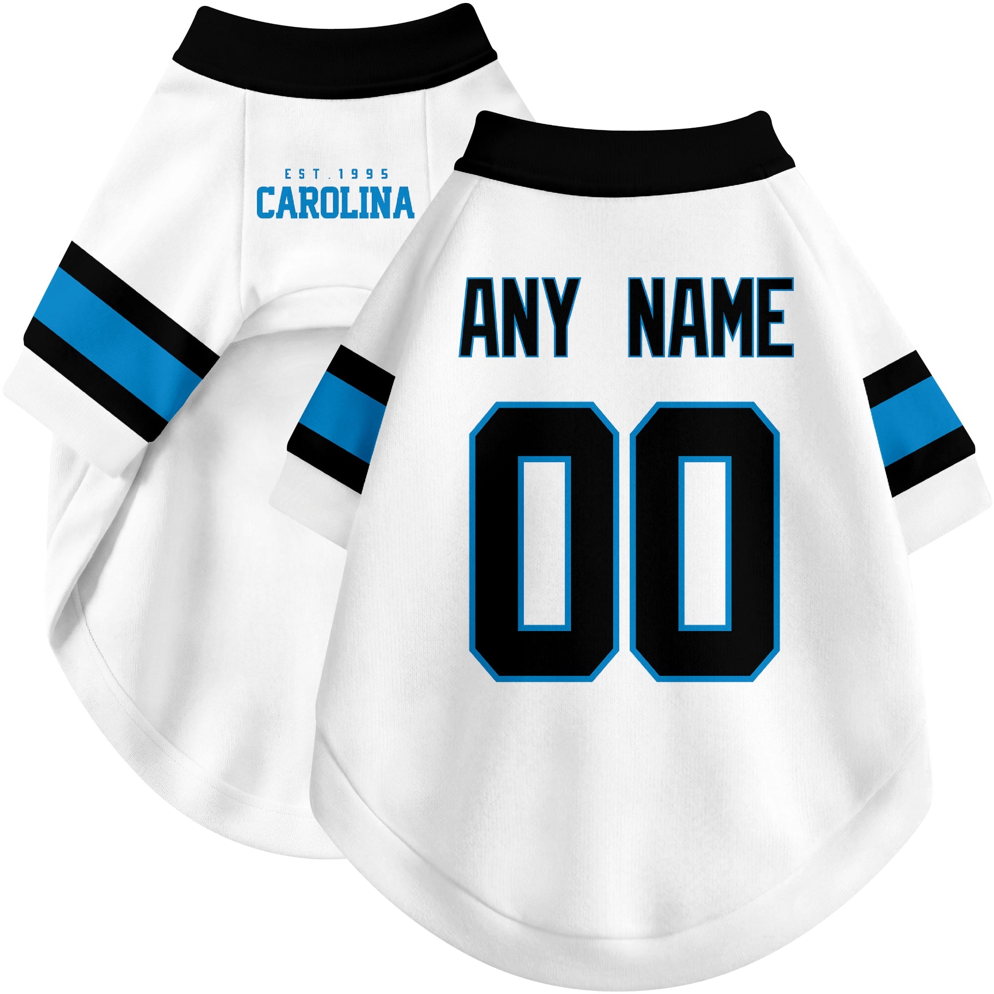 Custom football-style dog jersey in white personalized with any name and number