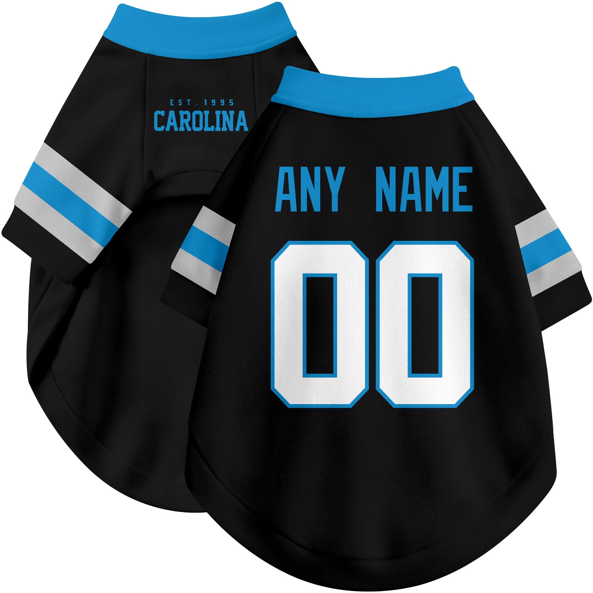Custom football-style dog jersey in black personalized with any name and number