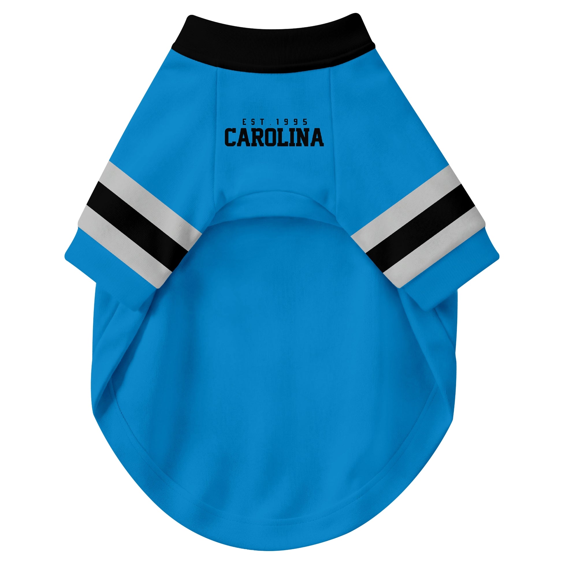Front view of custom dog jersey in blue personalized with name and number