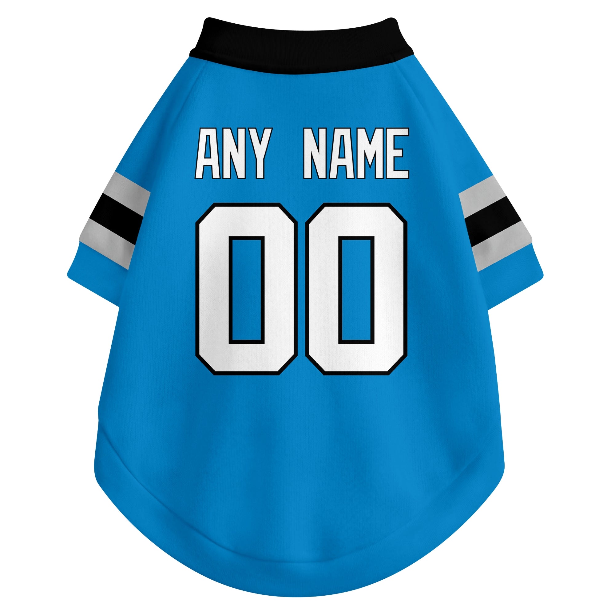Back view of custom dog jersey in blue showing name and number customization