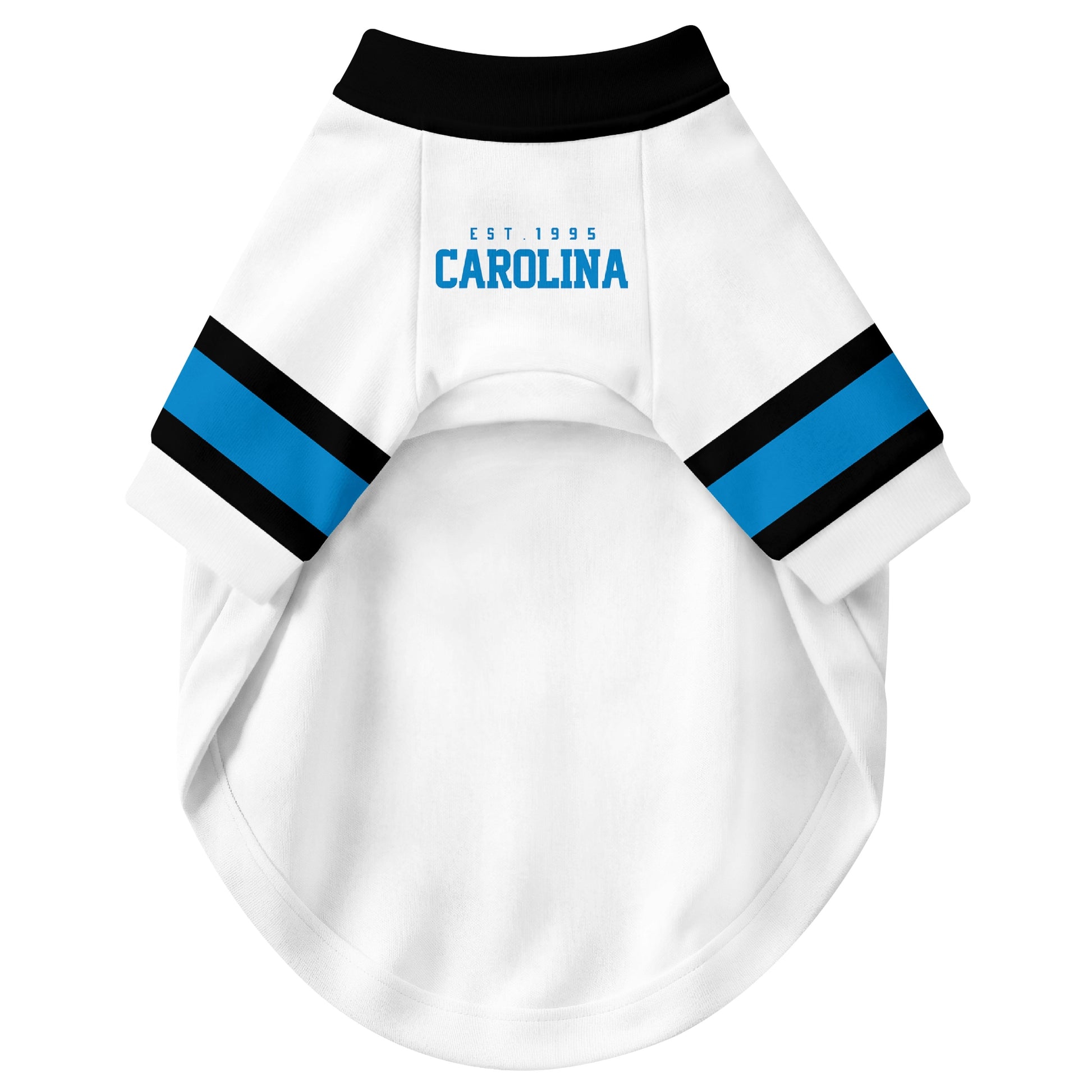 Front view of custom dog jersey in white personalized with name and number