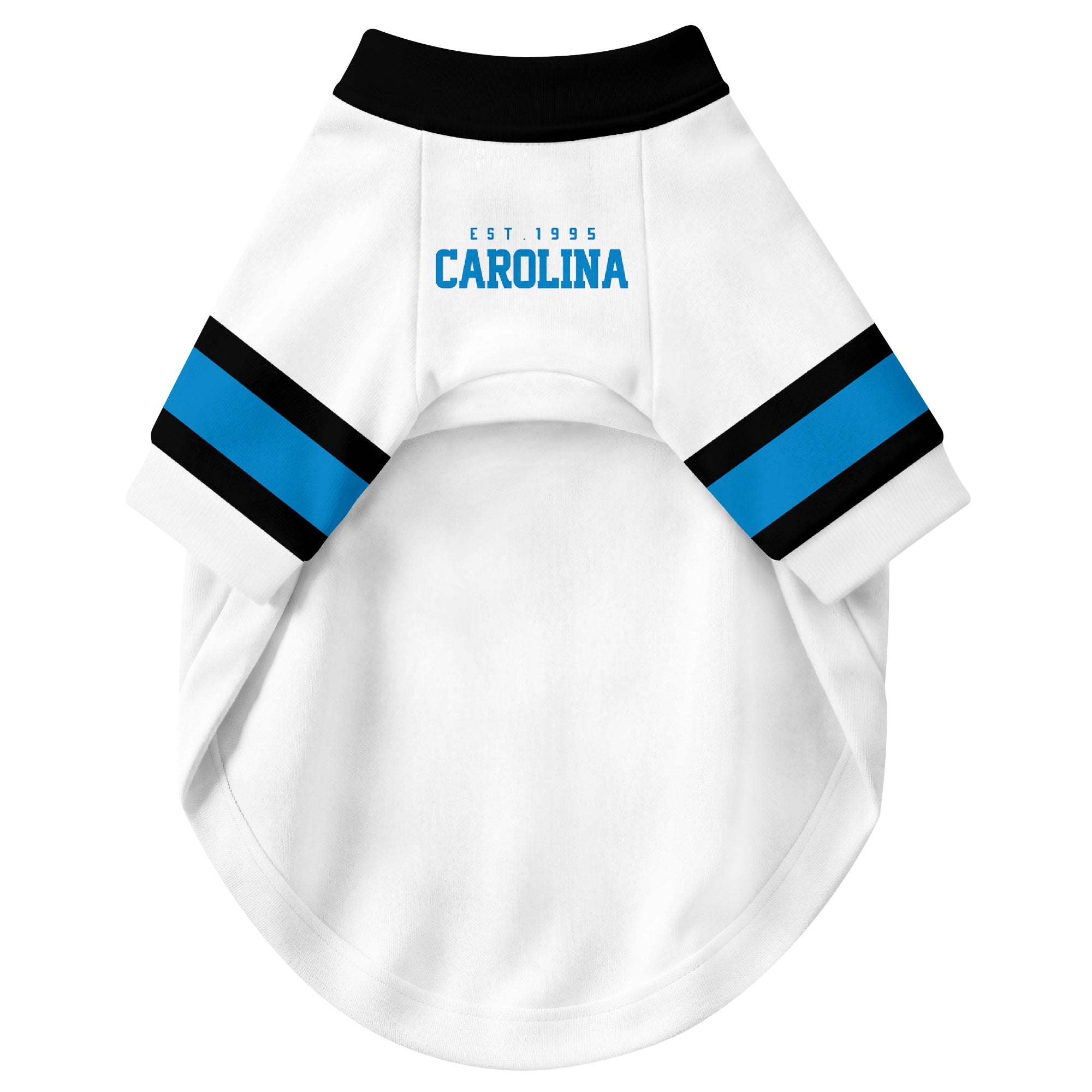 Front view of custom dog jersey in white personalized with name and number